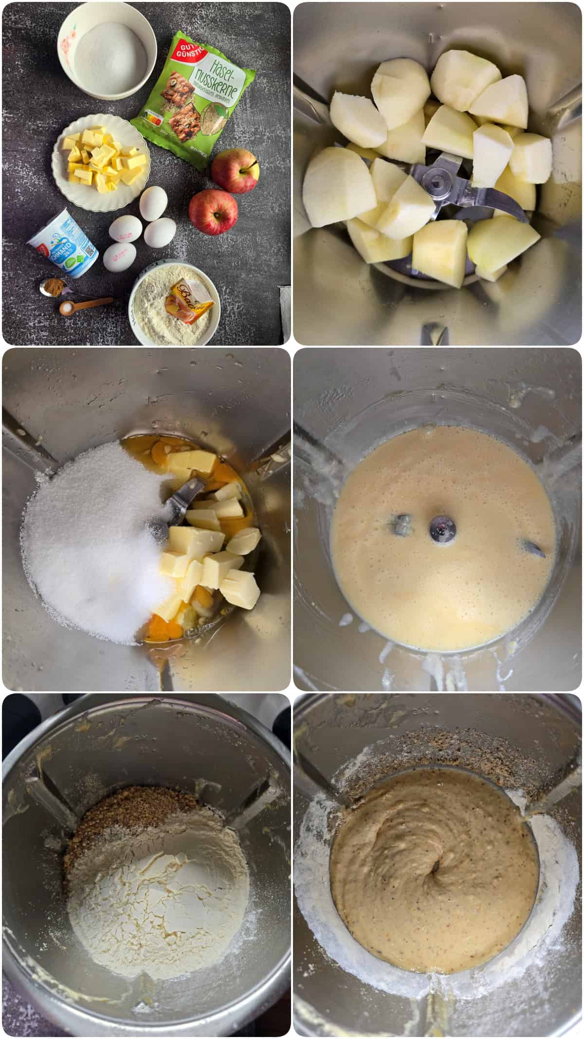 A collage showing the step-by-step preparation for apple nut waffles.