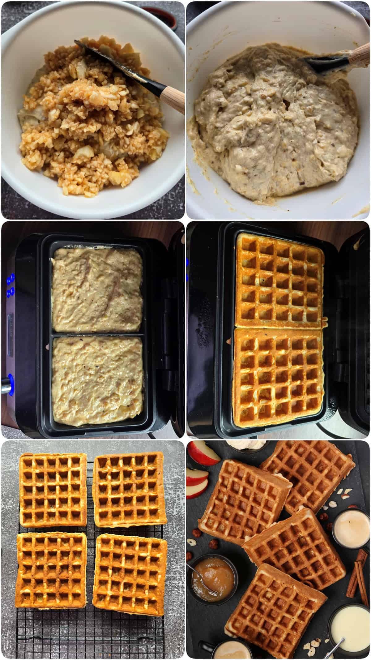 A collage of the prep steps for apple nut waffles.