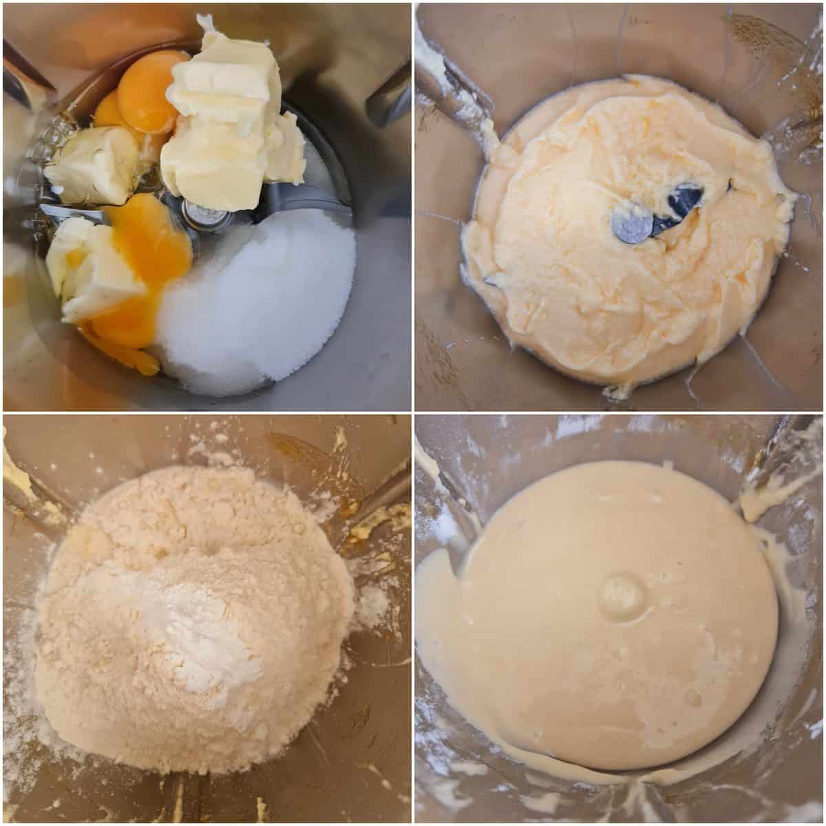 Eine Collage der Zubereitungsschritte für Apfelkuchen im Thermomix.