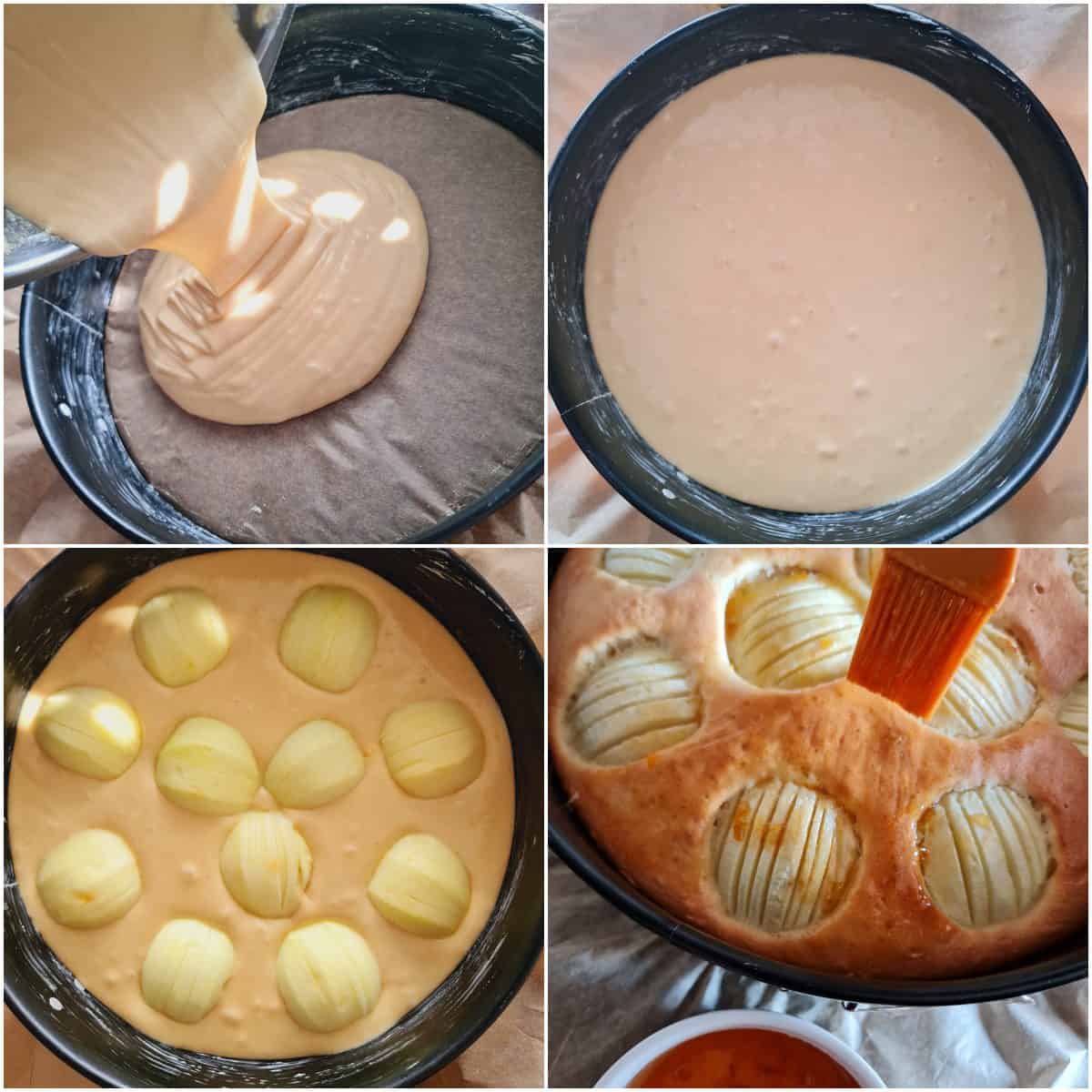 Eine Collage der Zubereitungsschritte für Apfelkuchen im Thermomix.