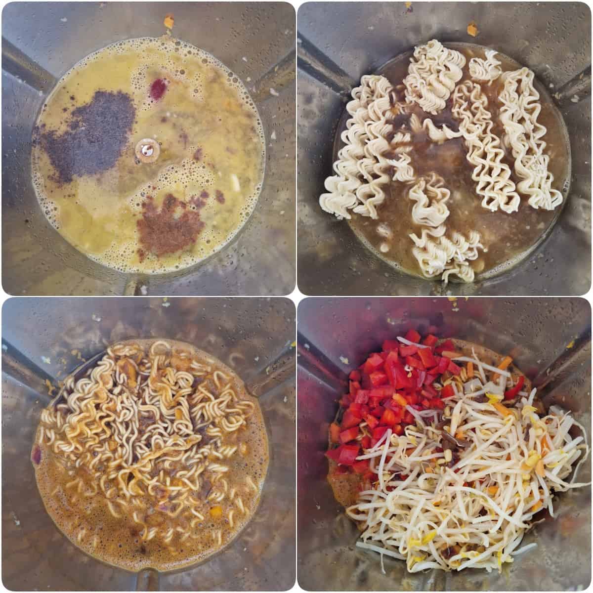 A collage showing the preparation steps for Asian chicken noodles.
