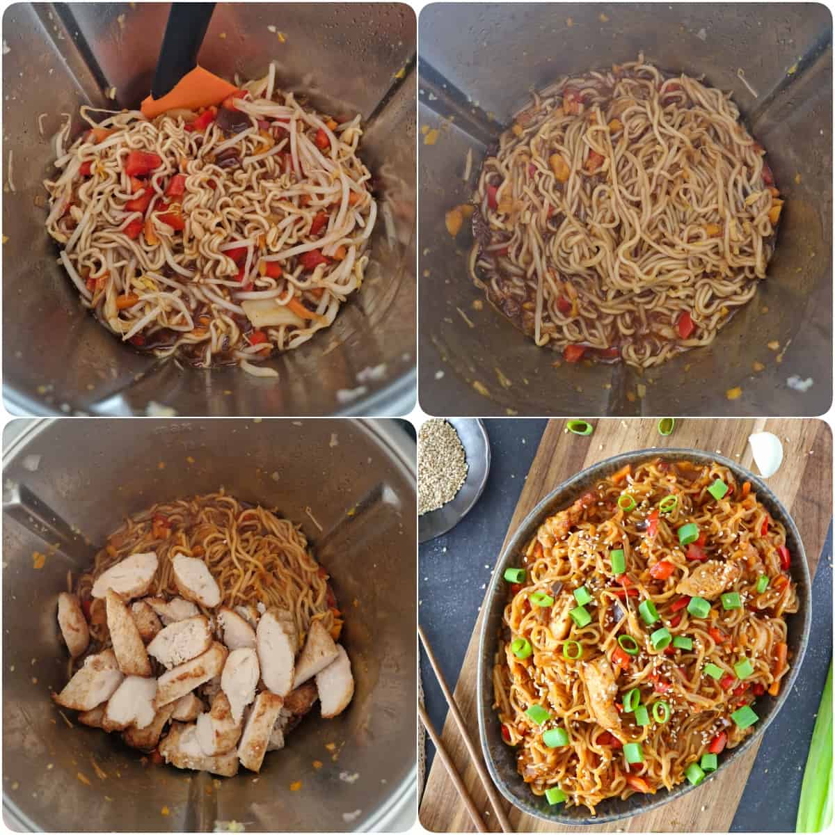 A collage showing the preparation steps for Asian chicken noodles.
