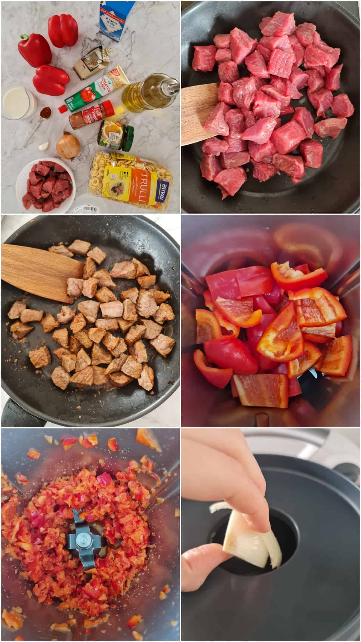 A collage showing the preparation steps for beef goulash with bell peppers.
