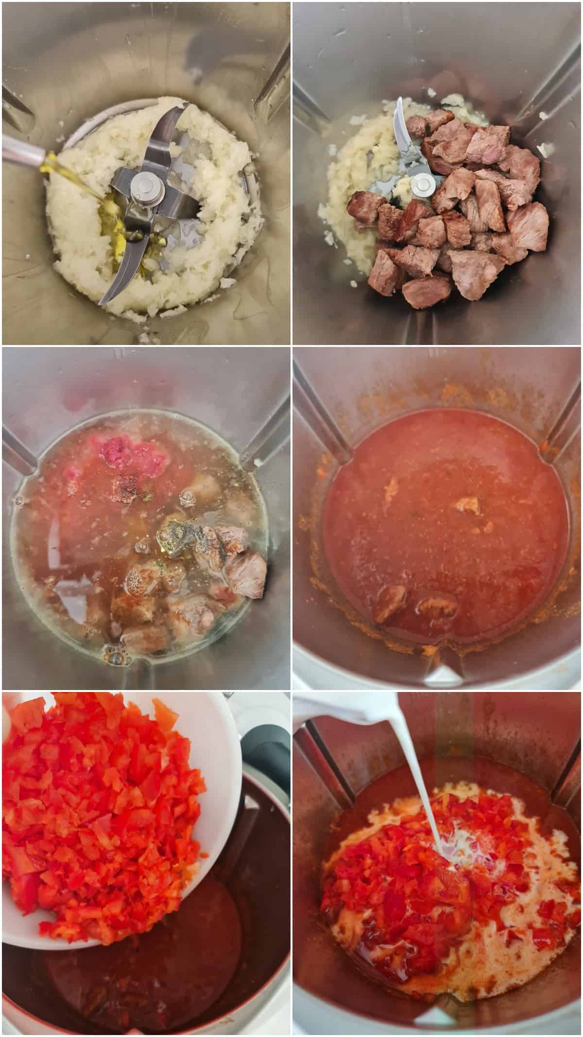 A collage showing the preparation steps for beef goulash with bell peppers.