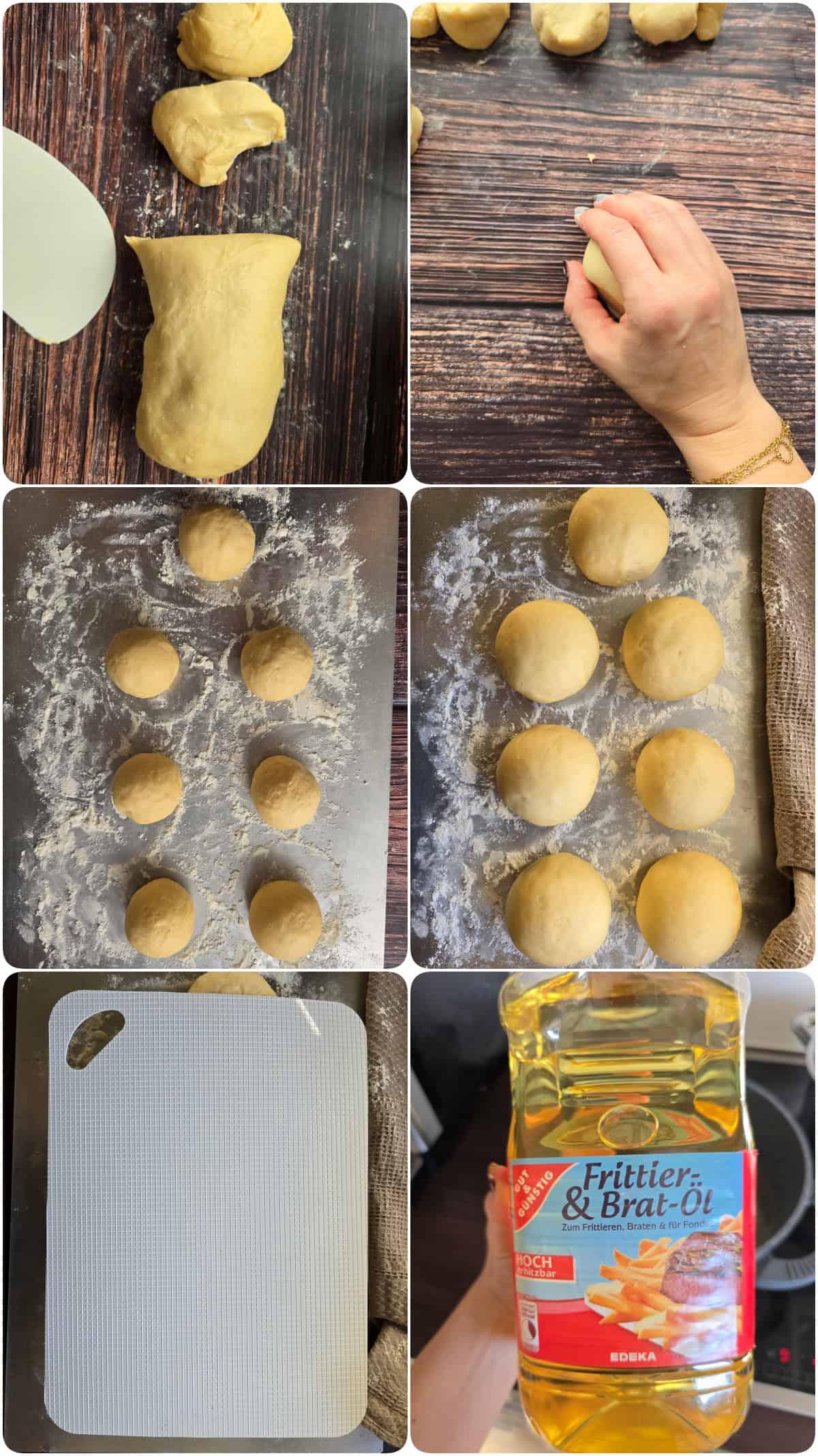 A collage of the prep steps for Berliner donuts.