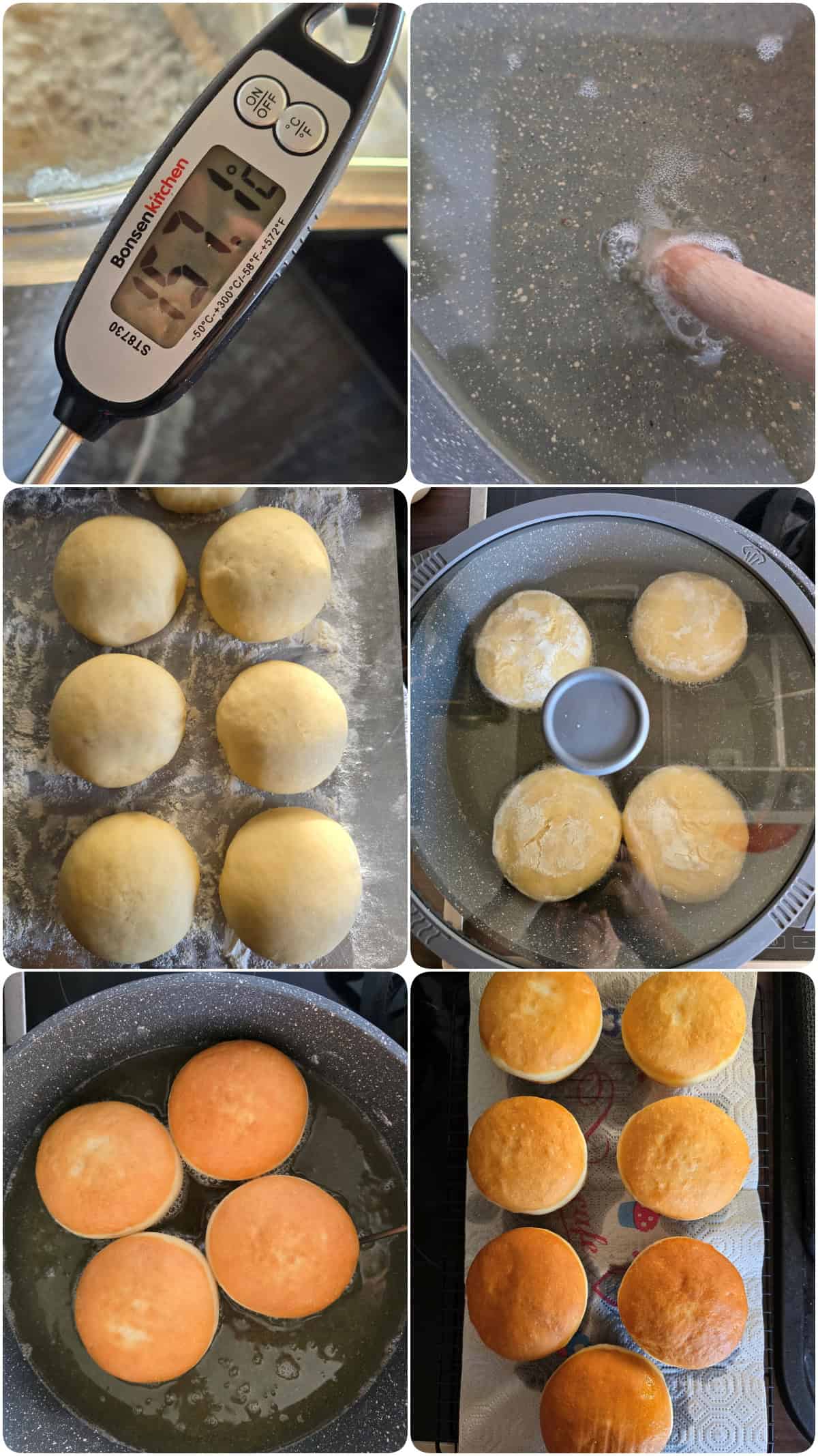 A collage of the prep steps for Berliner donuts.