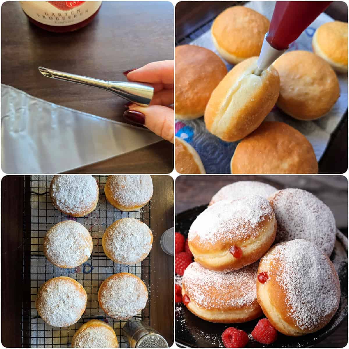 A collage of the prep steps for Berliner donuts.