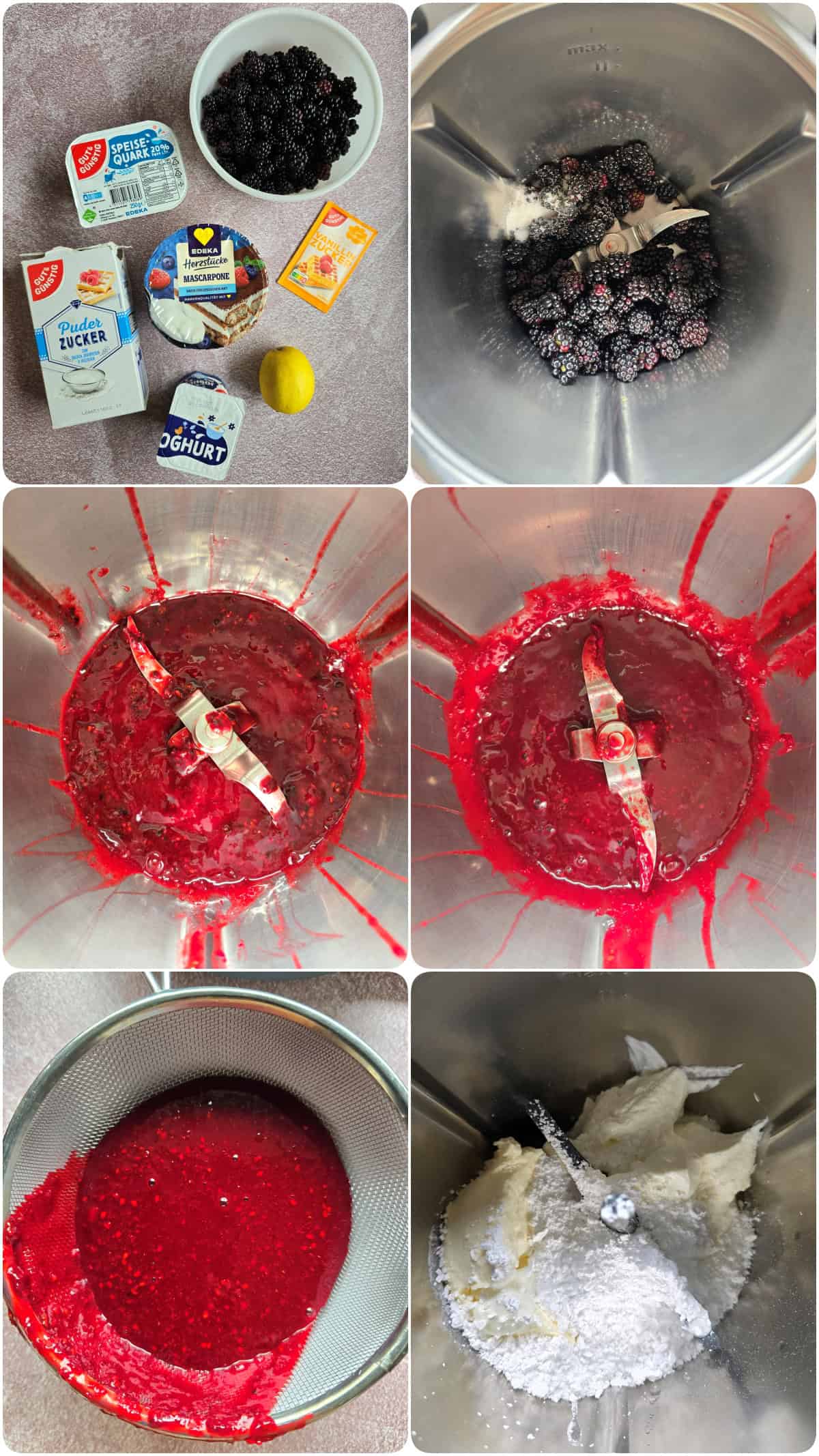 A collage of the prep steps for blackberry mascarpone trifles in glasses.