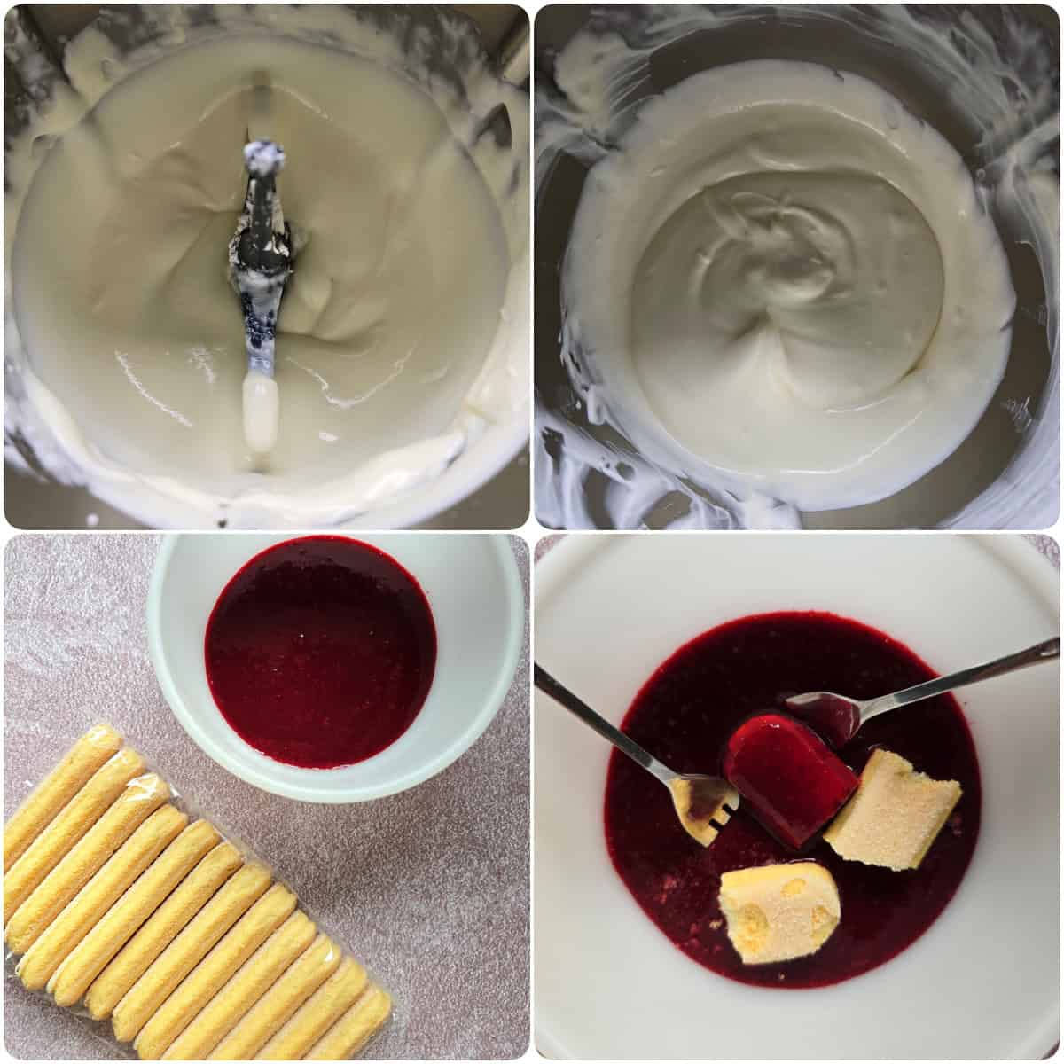 A collage of the prep steps for blackberry mascarpone trifles in glasses.