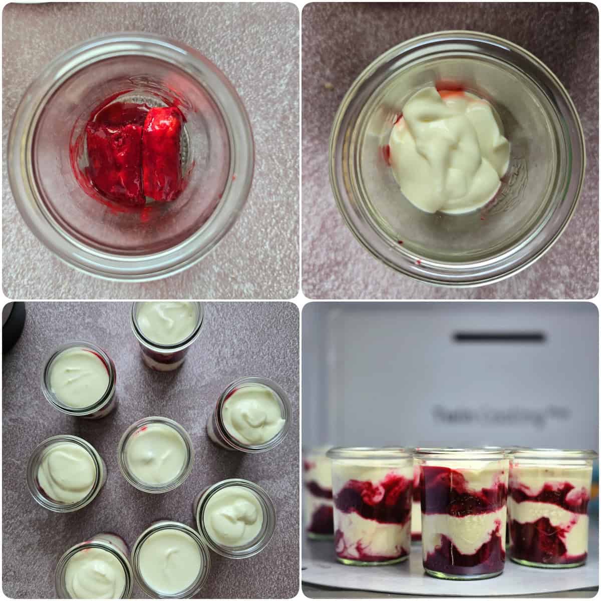 A collage of the prep steps for blackberry mascarpone trifles in glasses.