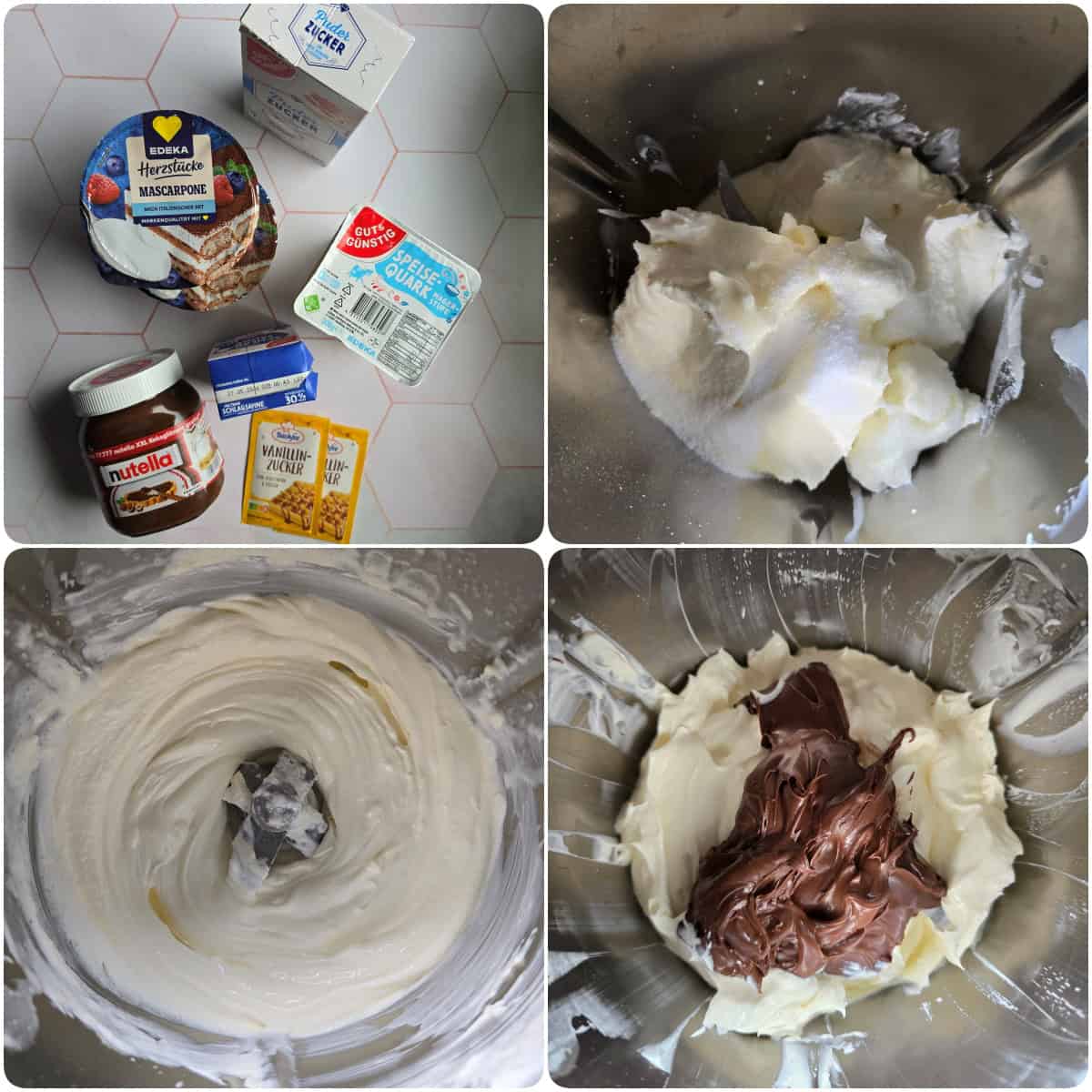 Ingredients and prep steps for the light and dark cream layers of the Thermomix Bueno dessert.