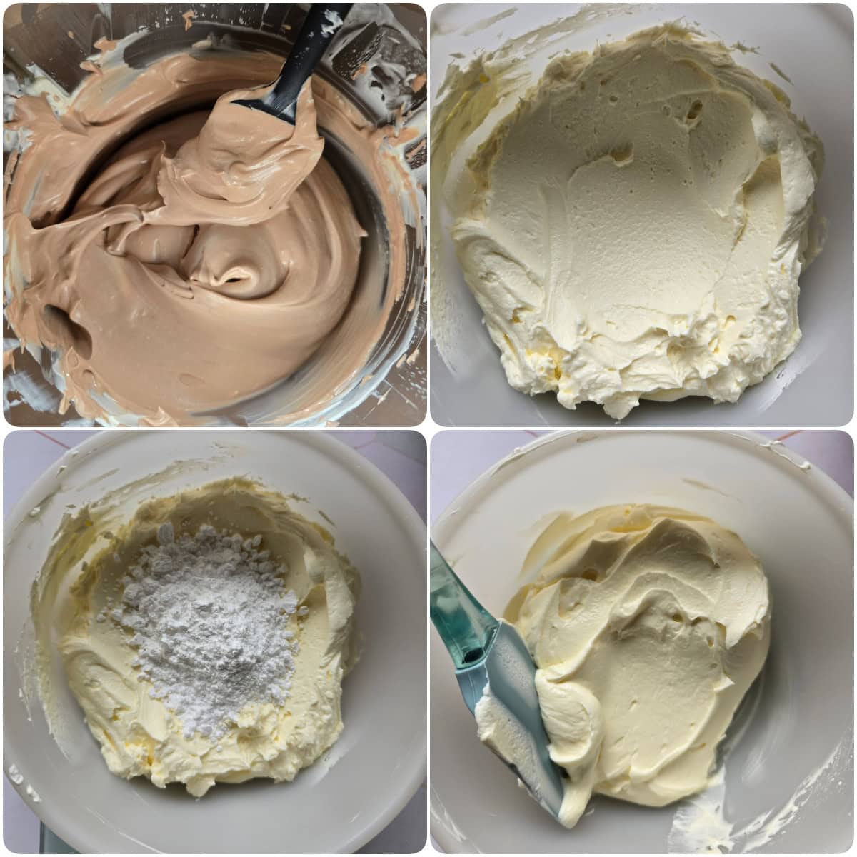 Step-by-step prep for the light powdered sugar cream and dark Nutella cream for the Bueno dessert.