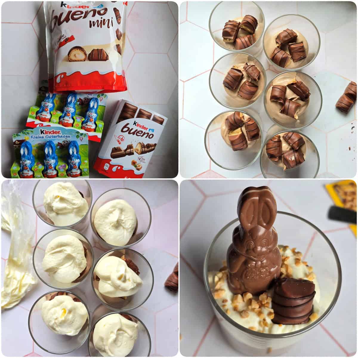 Four prep steps for the Bueno dessert in a jar, from ingredients to the chocolate bunny garnish.