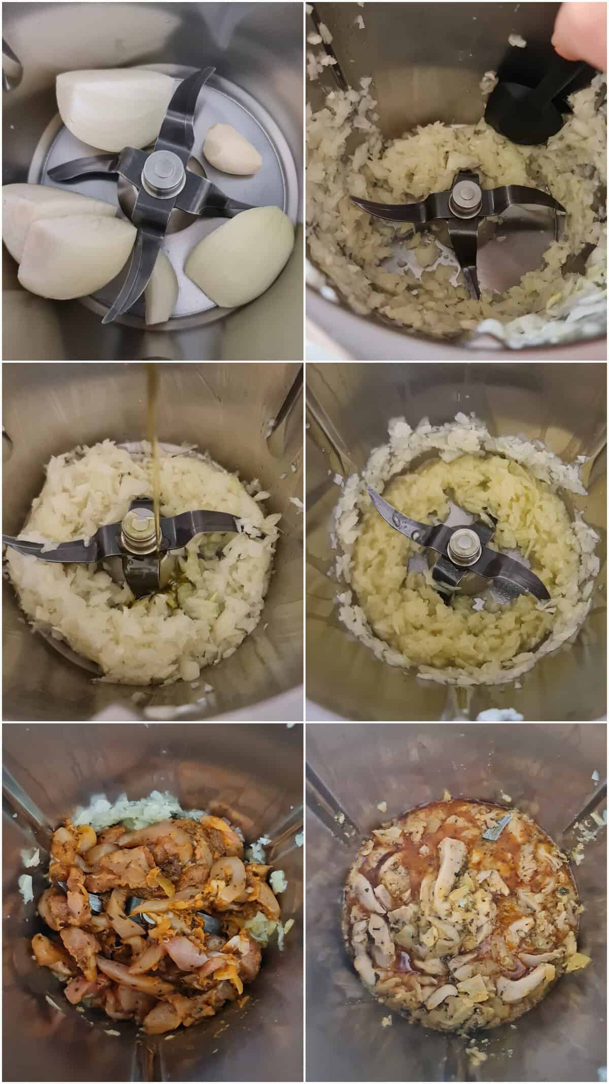 A collage showing the prep steps for chicken gyros with bell peppers and mushrooms.