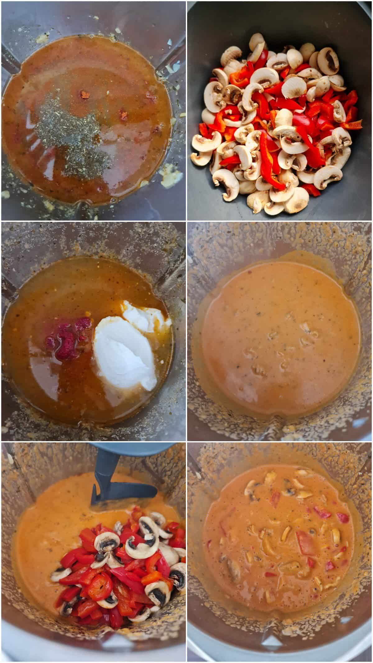 A collage showing the prep steps for chicken gyros with bell peppers and mushrooms.
