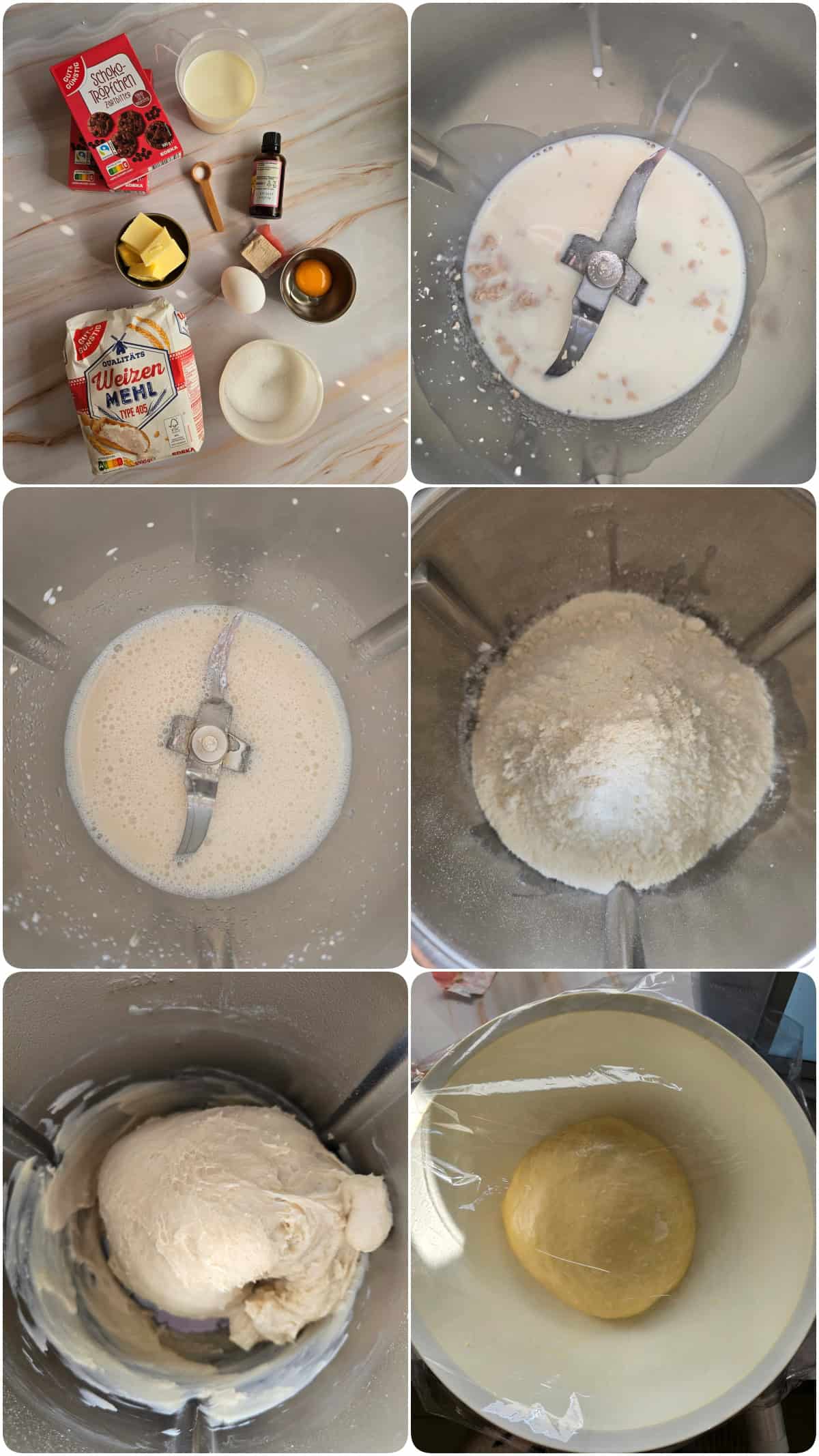 A collage of the prep steps for chocolate chip rolls.