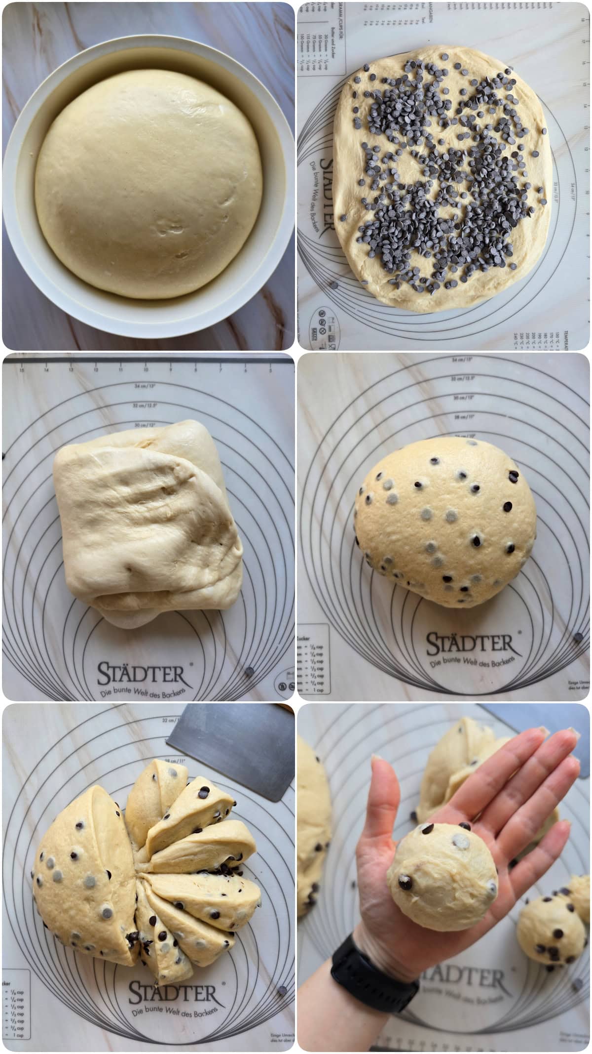 A collage of the prep steps for chocolate chip rolls.