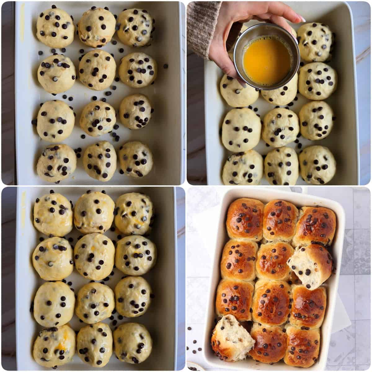 A collage of the prep steps for chocolate chip rolls.