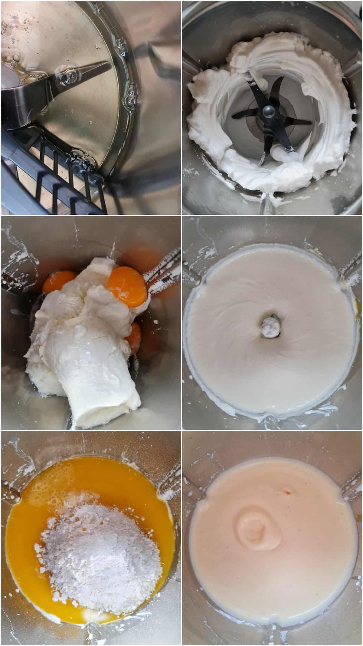 A collage showing the preparation steps for crustless cheesecake in the Thermomix®