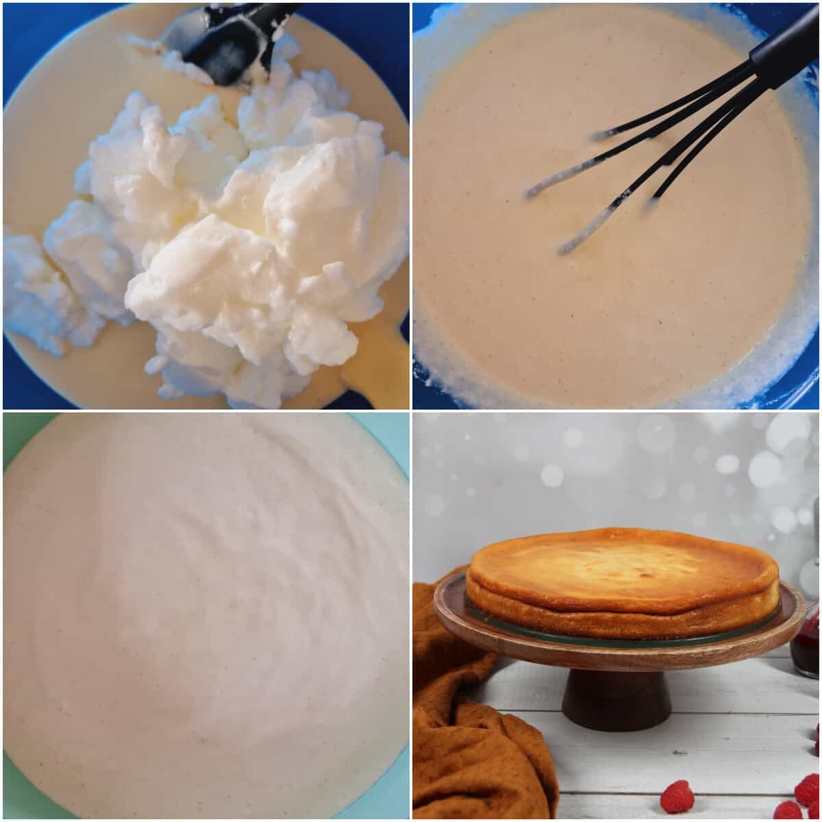 A collage showing the preparation steps for crustless cheesecake in the Thermomix®