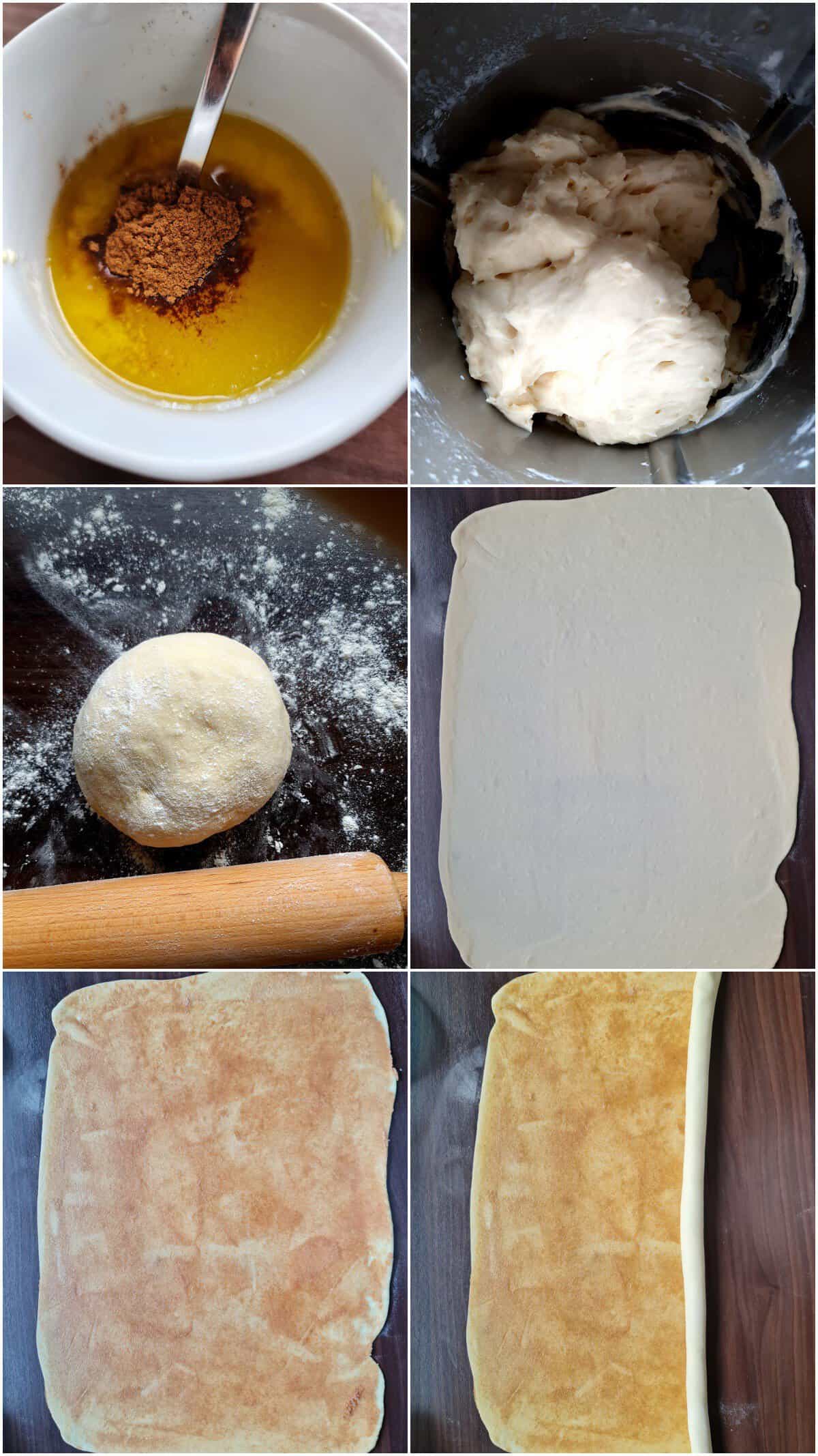 A photo collage showing the step-by-step instructions for making mini Franzbrötchen.