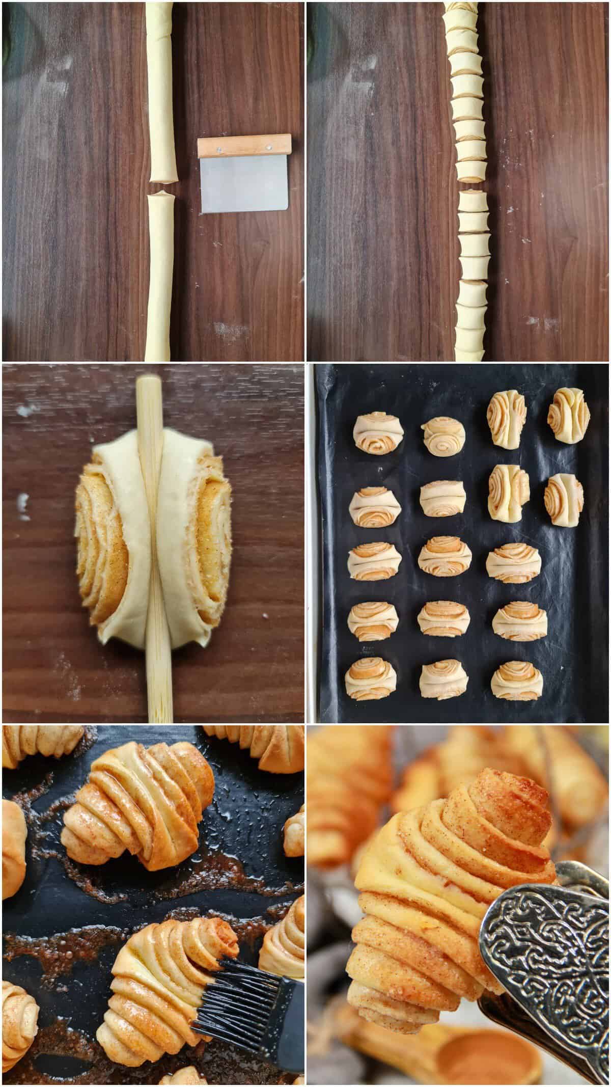 A photo collage showing the step-by-step instructions for making mini Franzbrötchen.