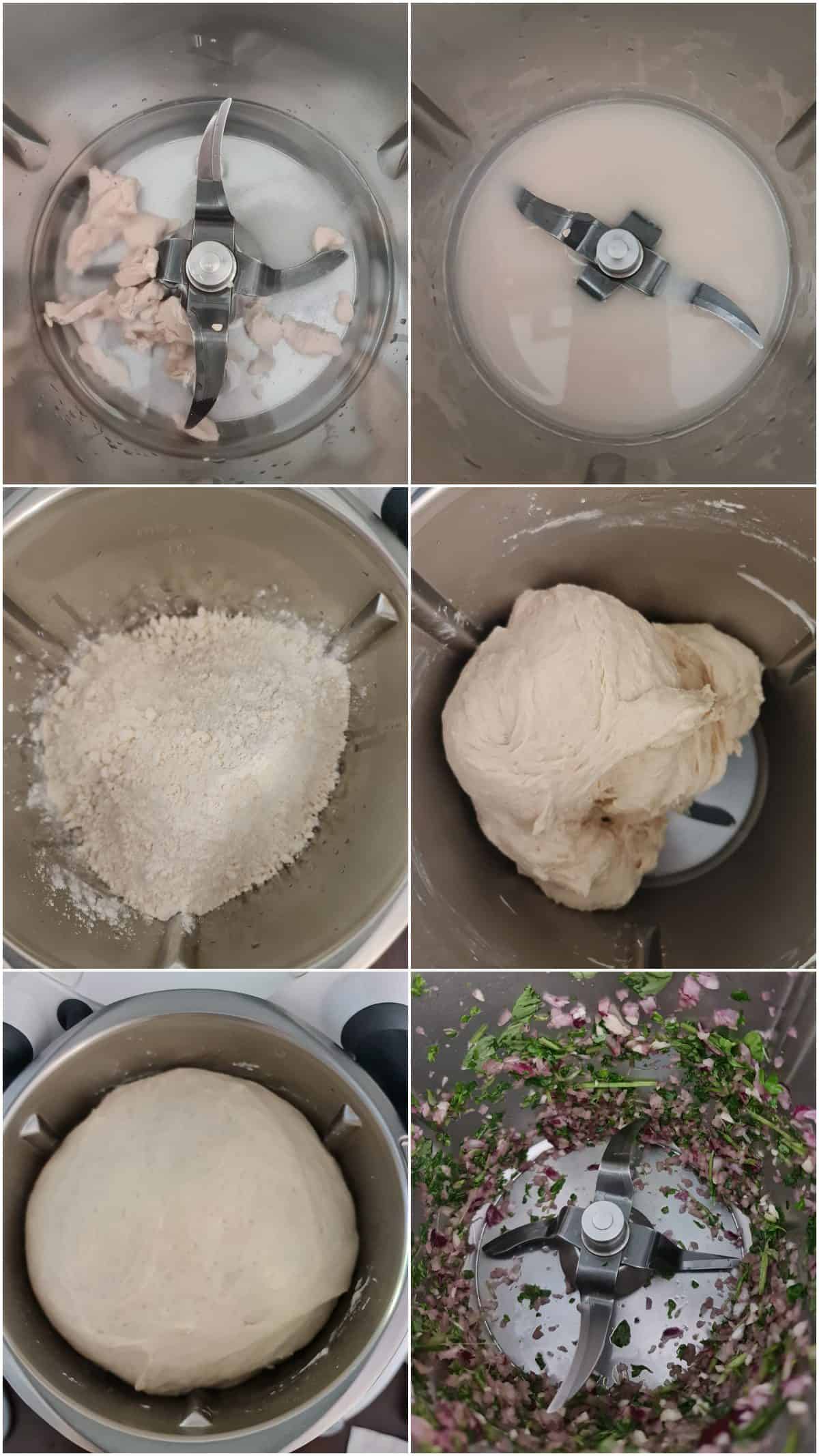 A collage showing the preparation steps for herb pull-apart bread.