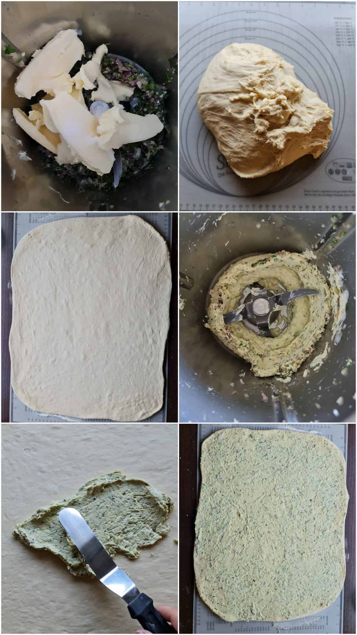 A collage showing the preparation steps for herb pull-apart bread.