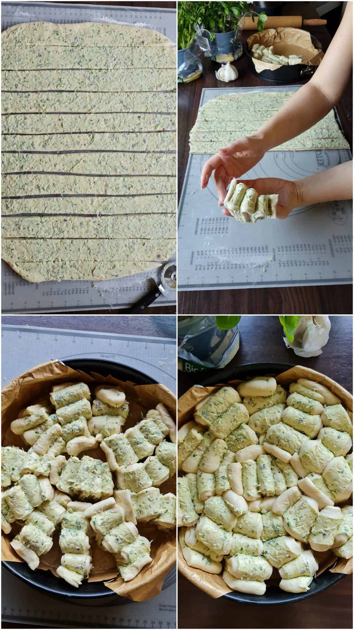 A collage showing the preparation steps for herb pull-apart bread.