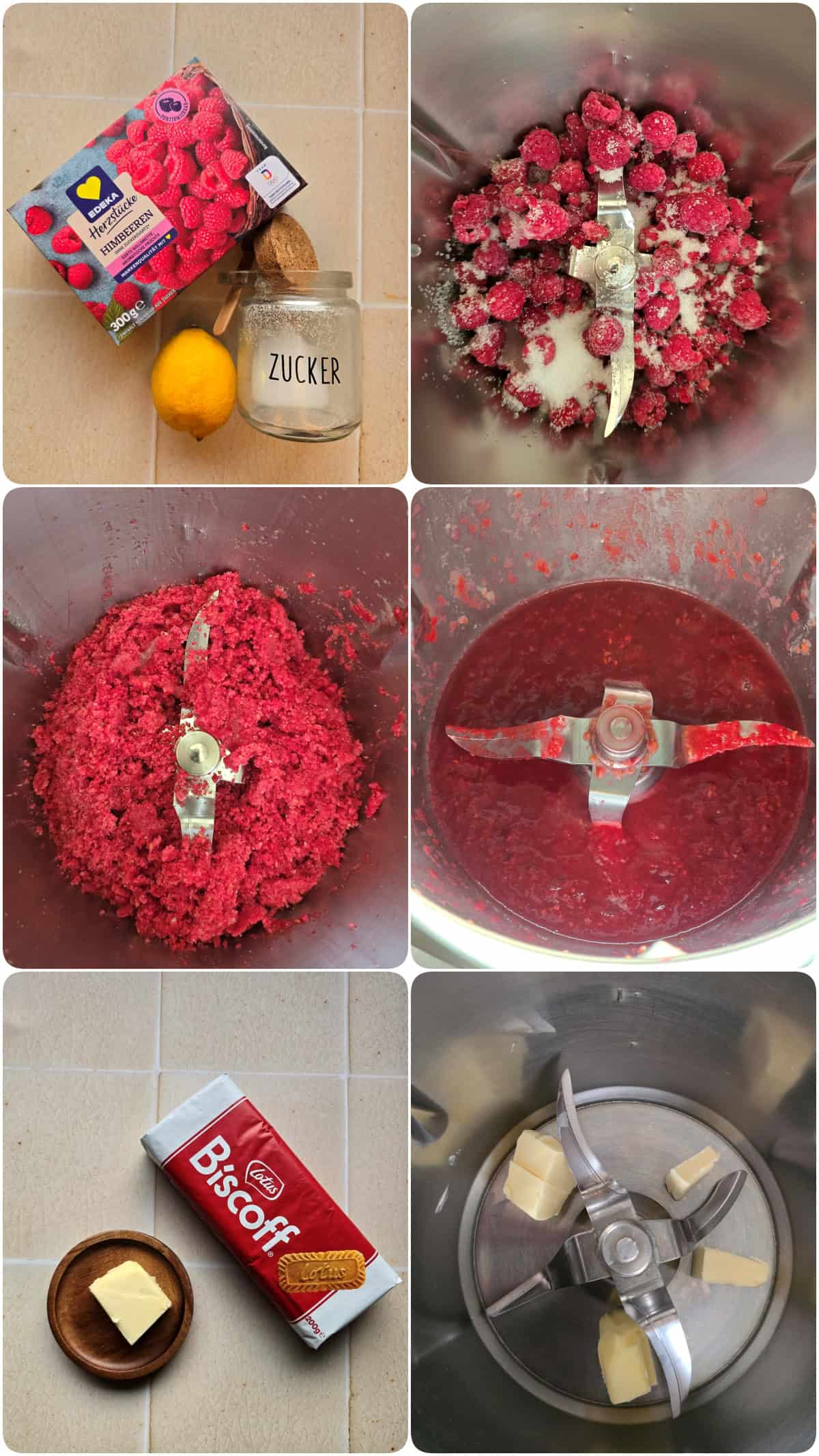 A collage of the prep steps for the raspberry Lotus Biscoff dessert cups.