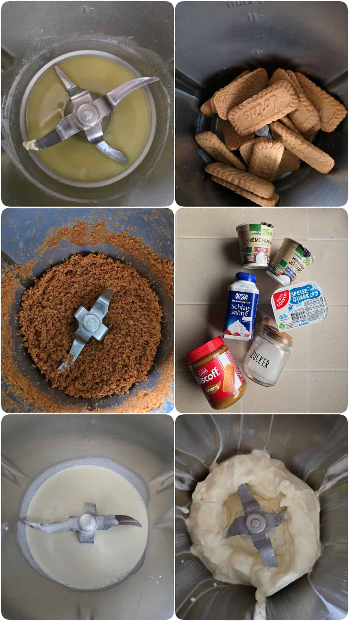 A collage of the prep steps for the raspberry Lotus Biscoff dessert cups.