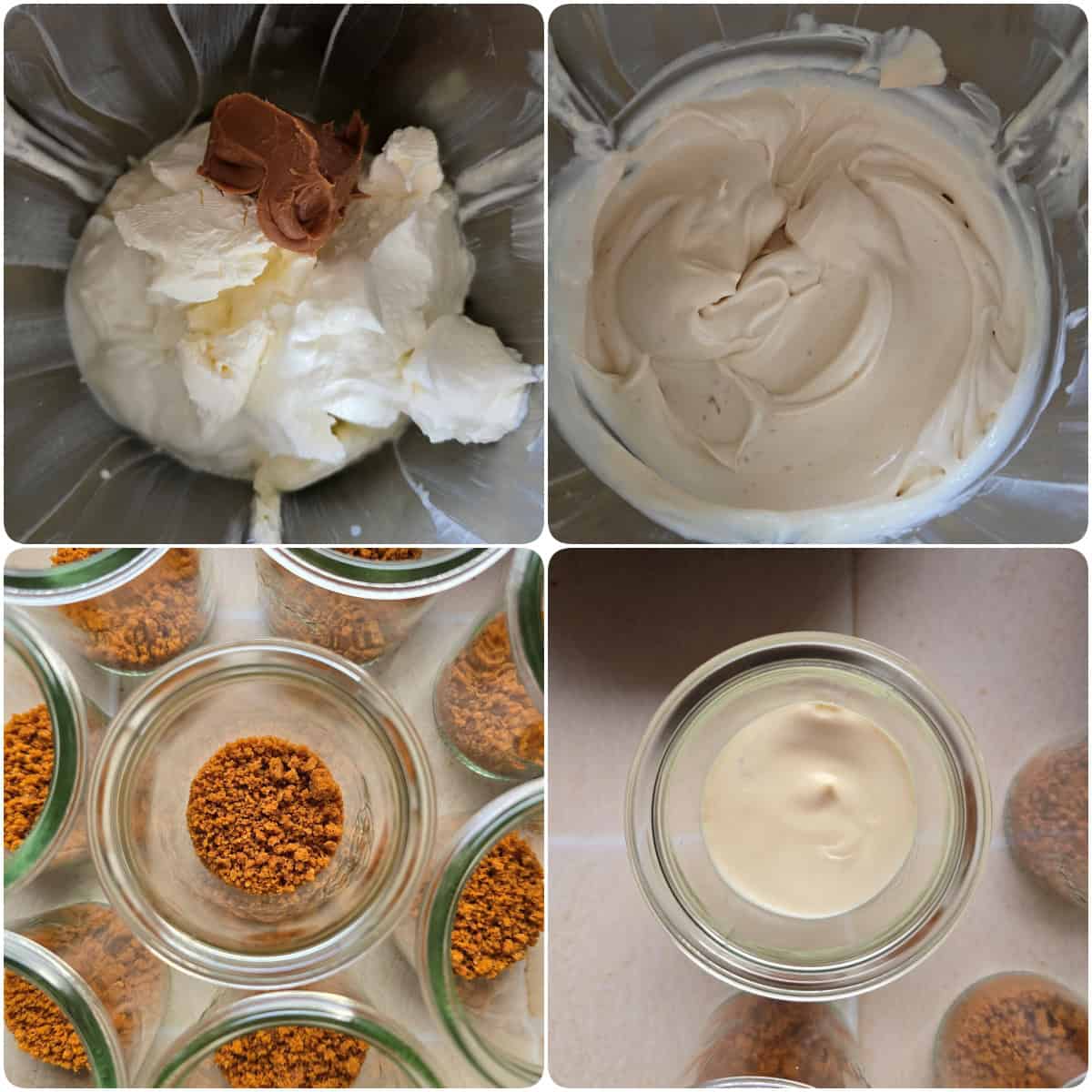 A collage of the prep steps for the raspberry Lotus Biscoff dessert cups.