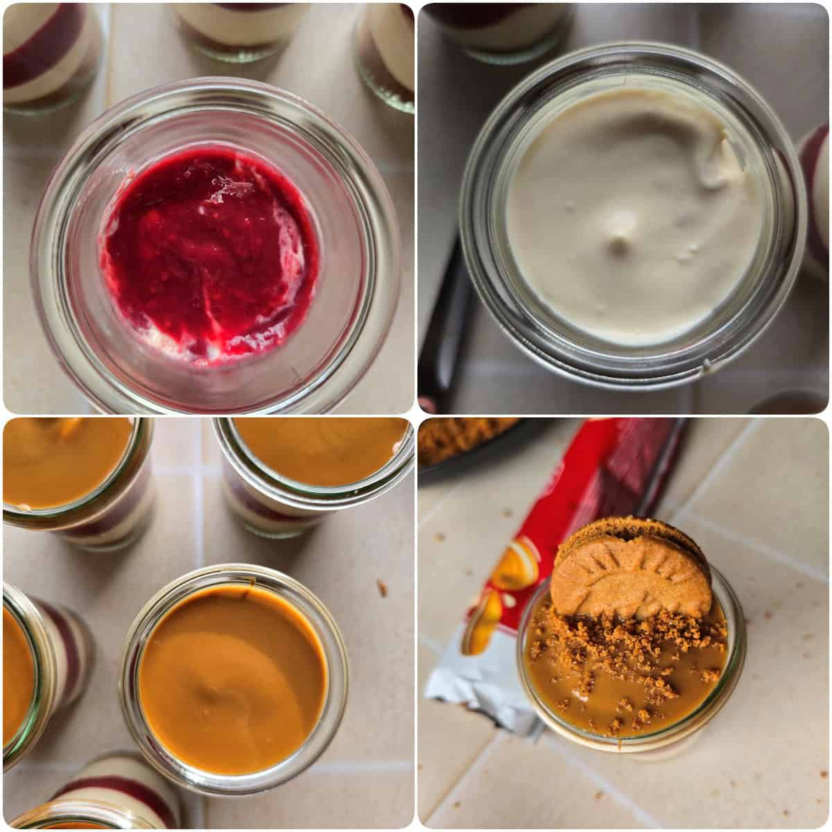 A collage of the prep steps for the raspberry Lotus Biscoff dessert cups.