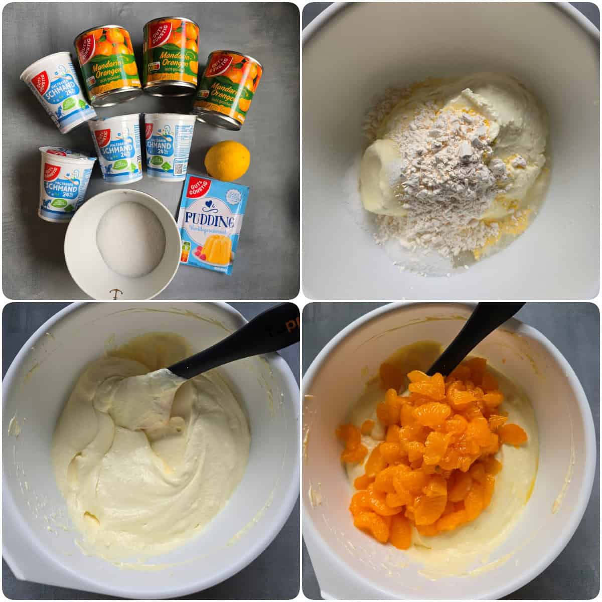 A collage of the prep steps for creamy mandarin orange crumb cake.