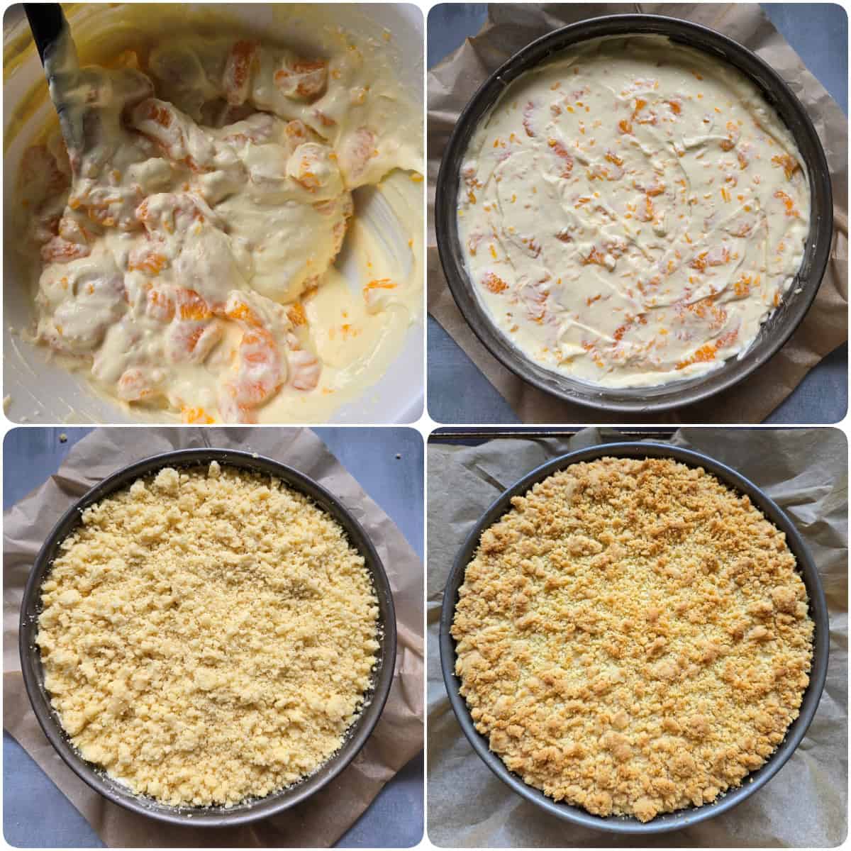 A collage of the prep steps for creamy mandarin orange crumb cake.