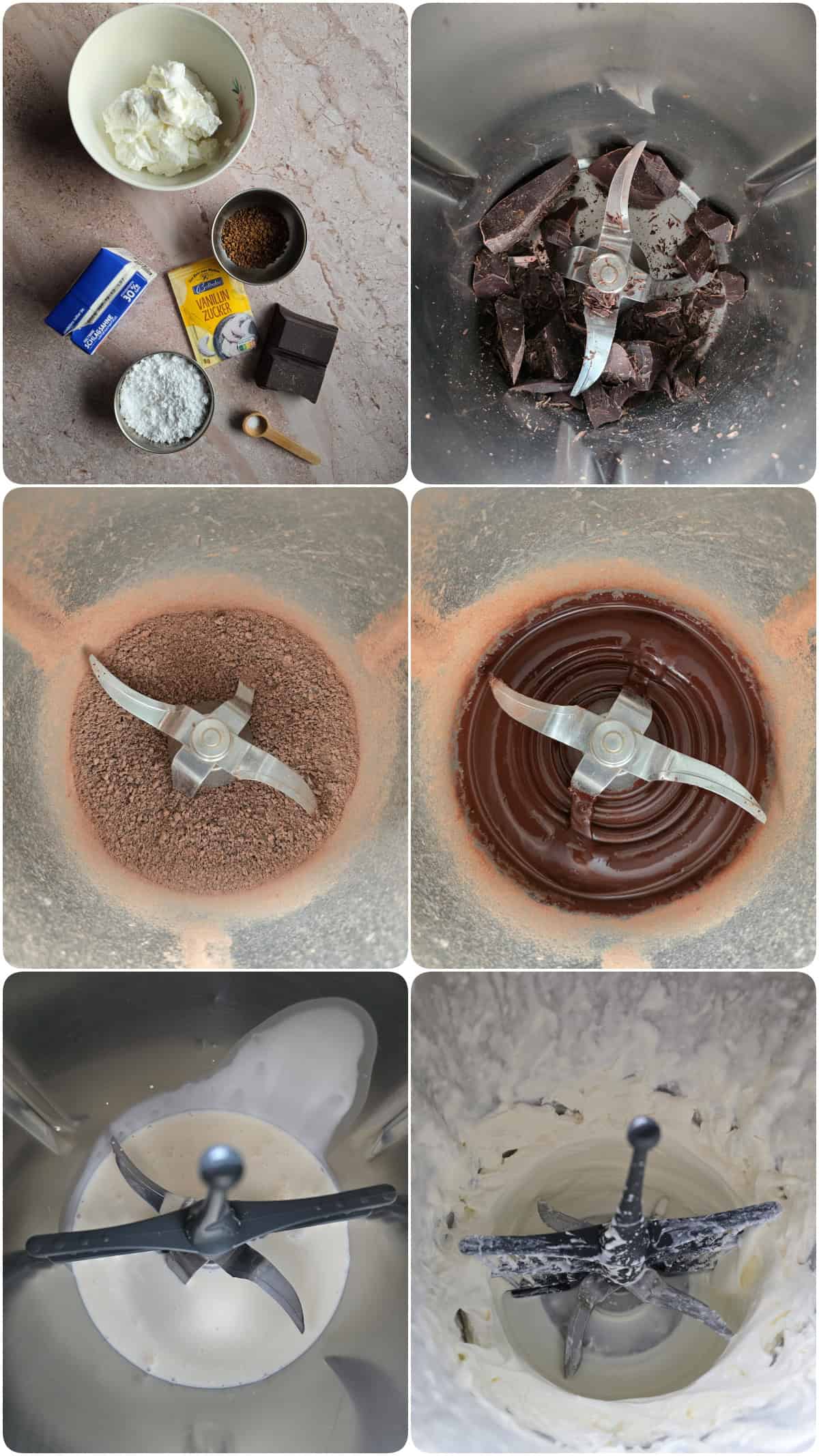 A step-by-step collage showing how to make mocha mousse.