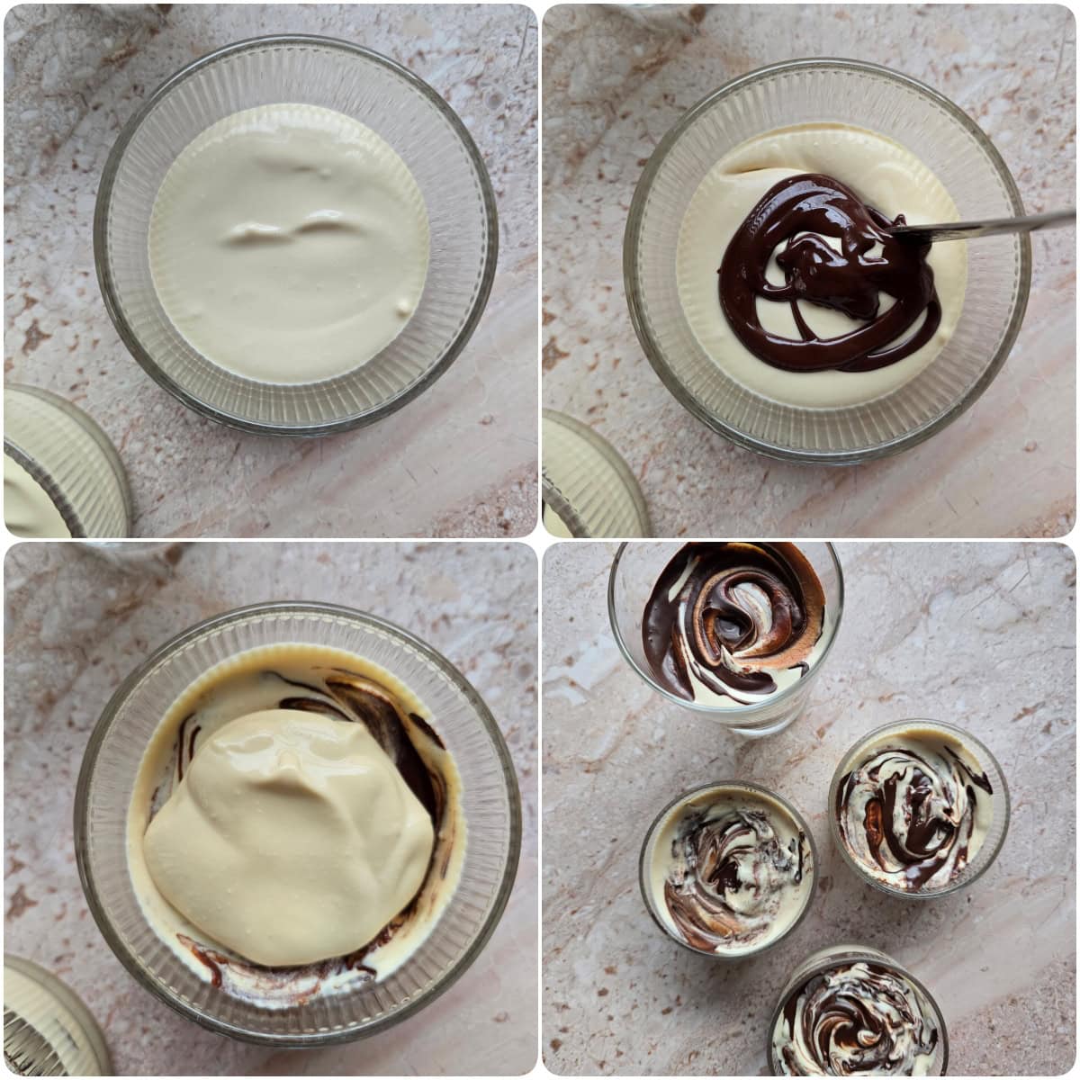 A step-by-step collage showing how to make mocha mousse.