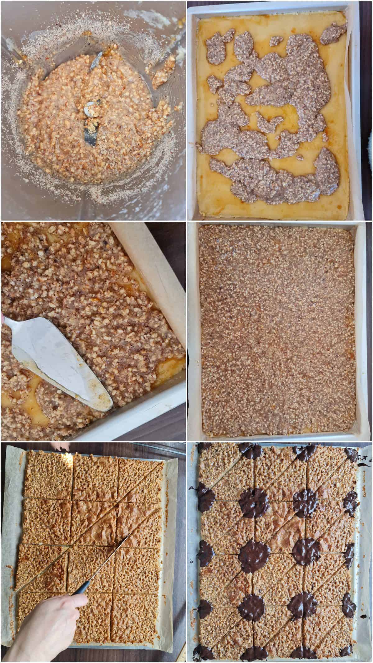 A collage showing step-by-step preparation for German nut bars.