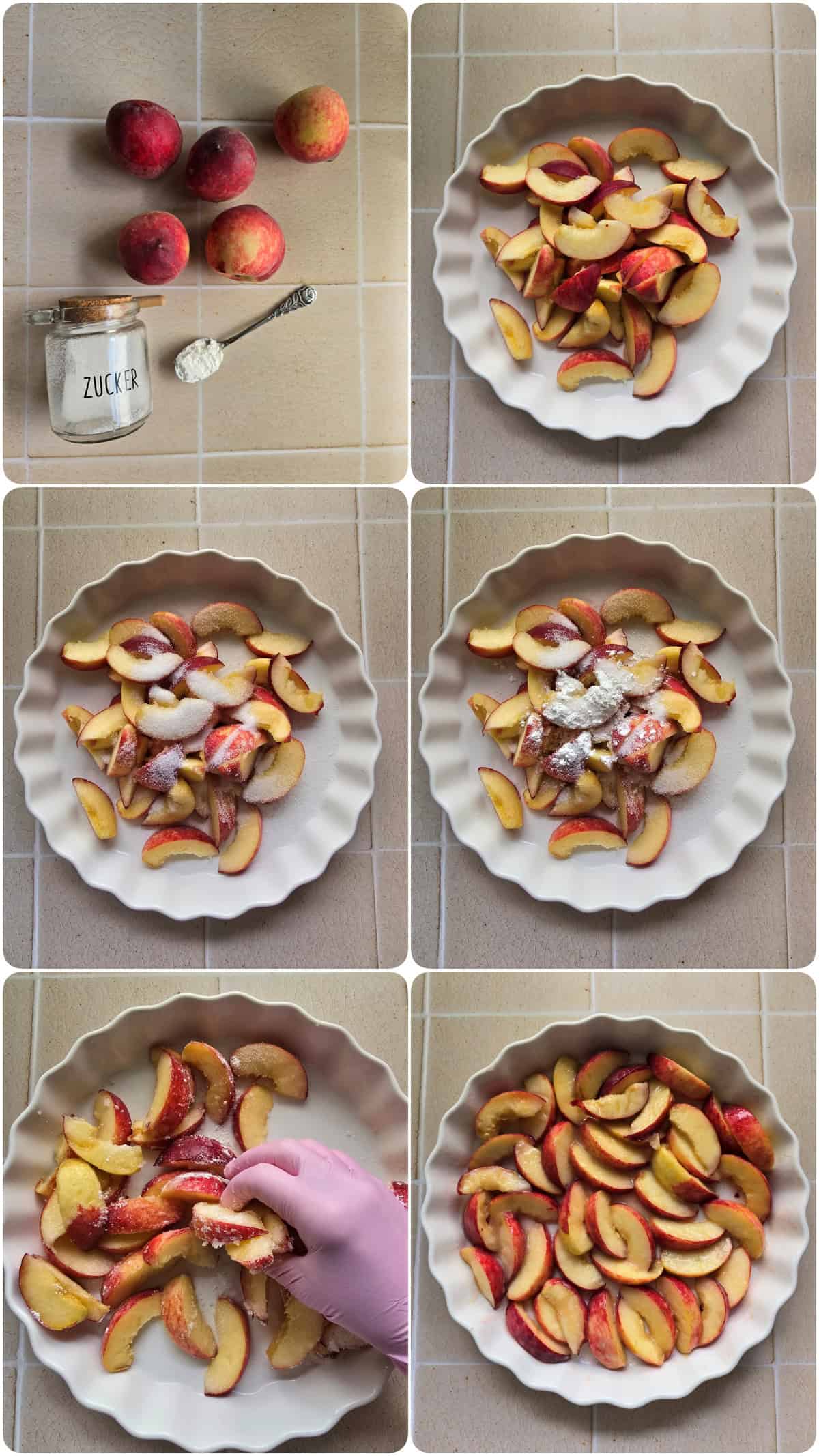 A collage showing the prep steps for peach crumble with hazelnut topping.