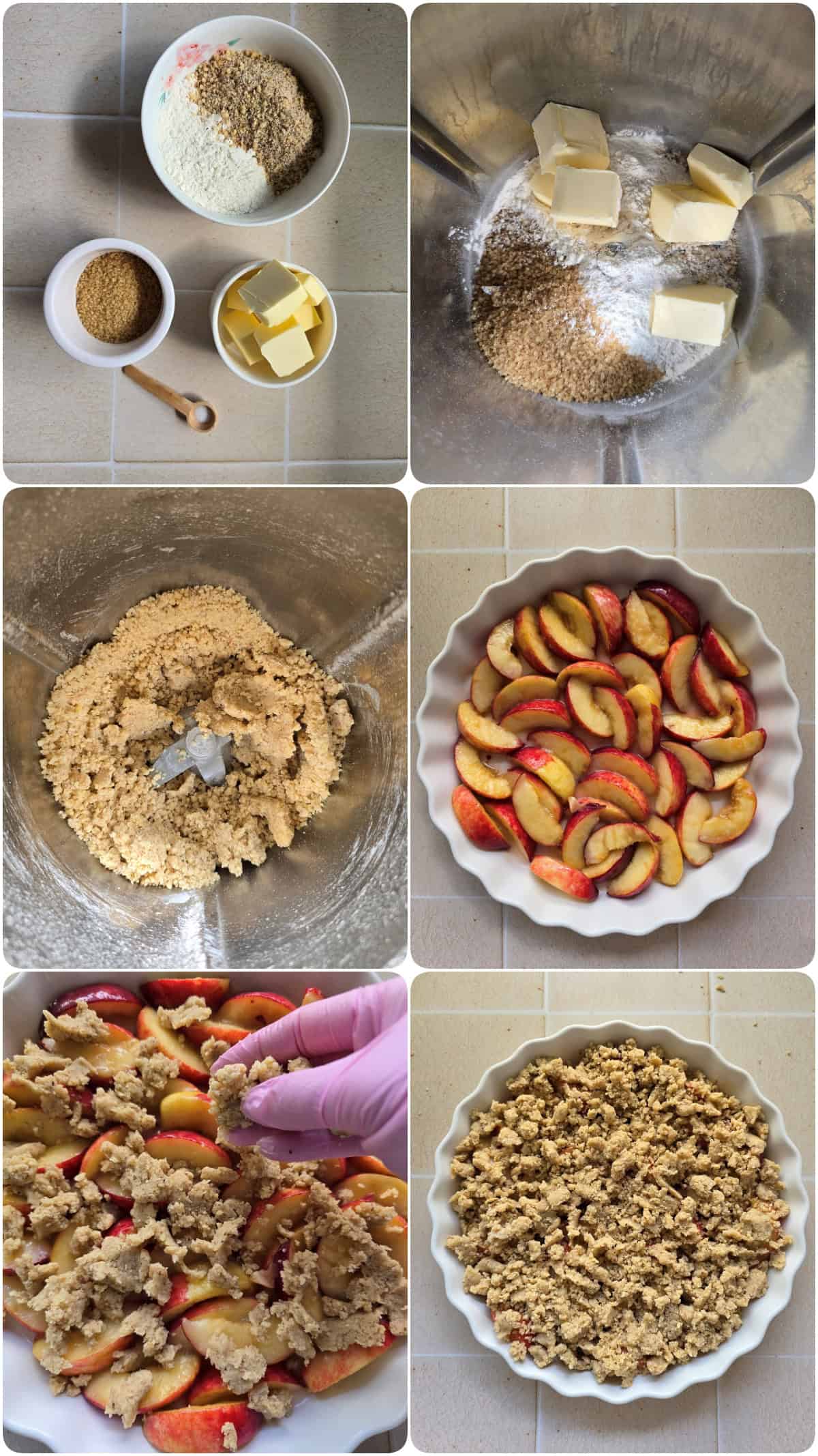 A collage showing the prep steps for peach crumble with hazelnut topping.