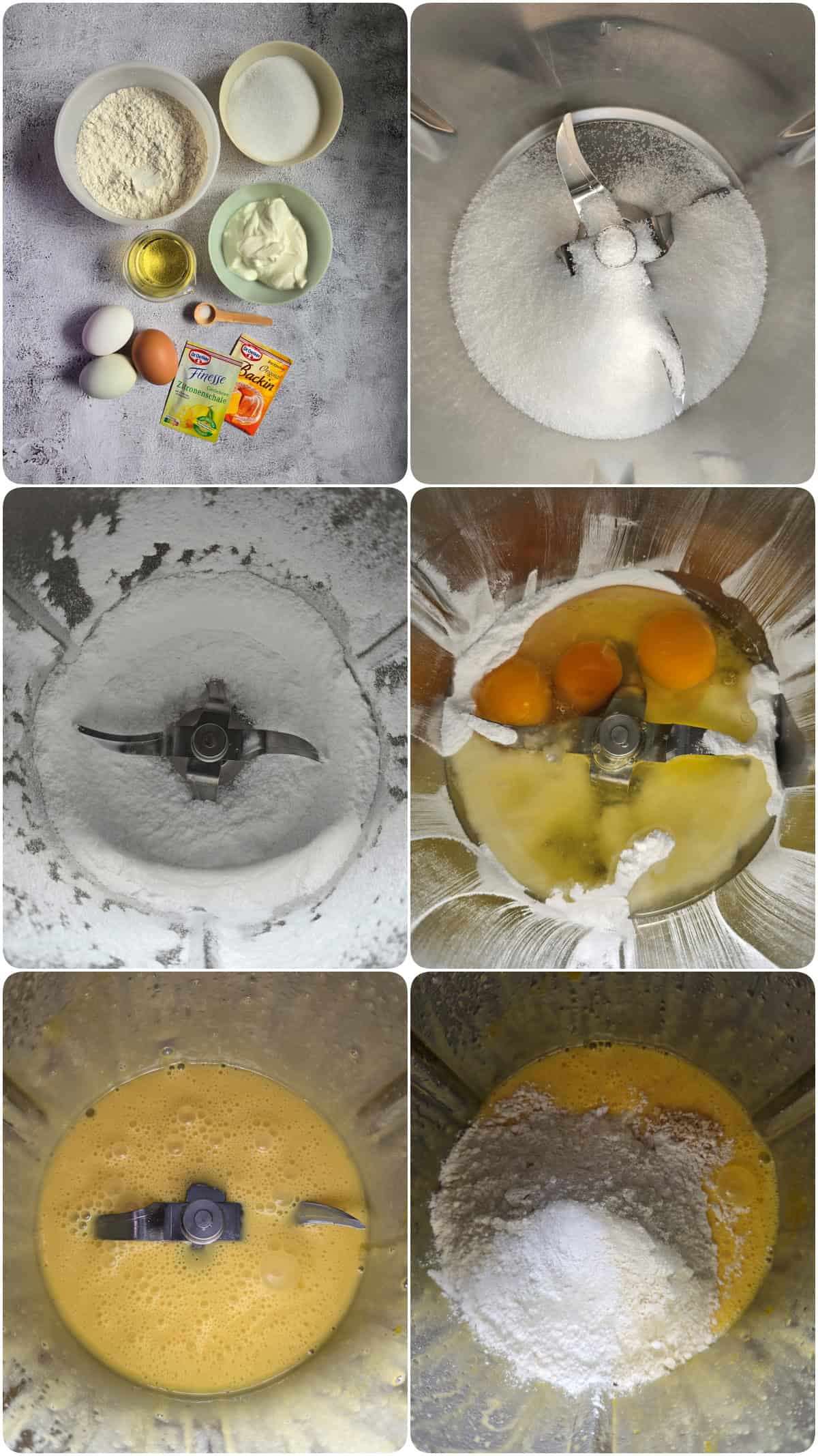 A photo collage showing the ingredients and first prep steps for the rainbow bundt cake in the Thermomix.