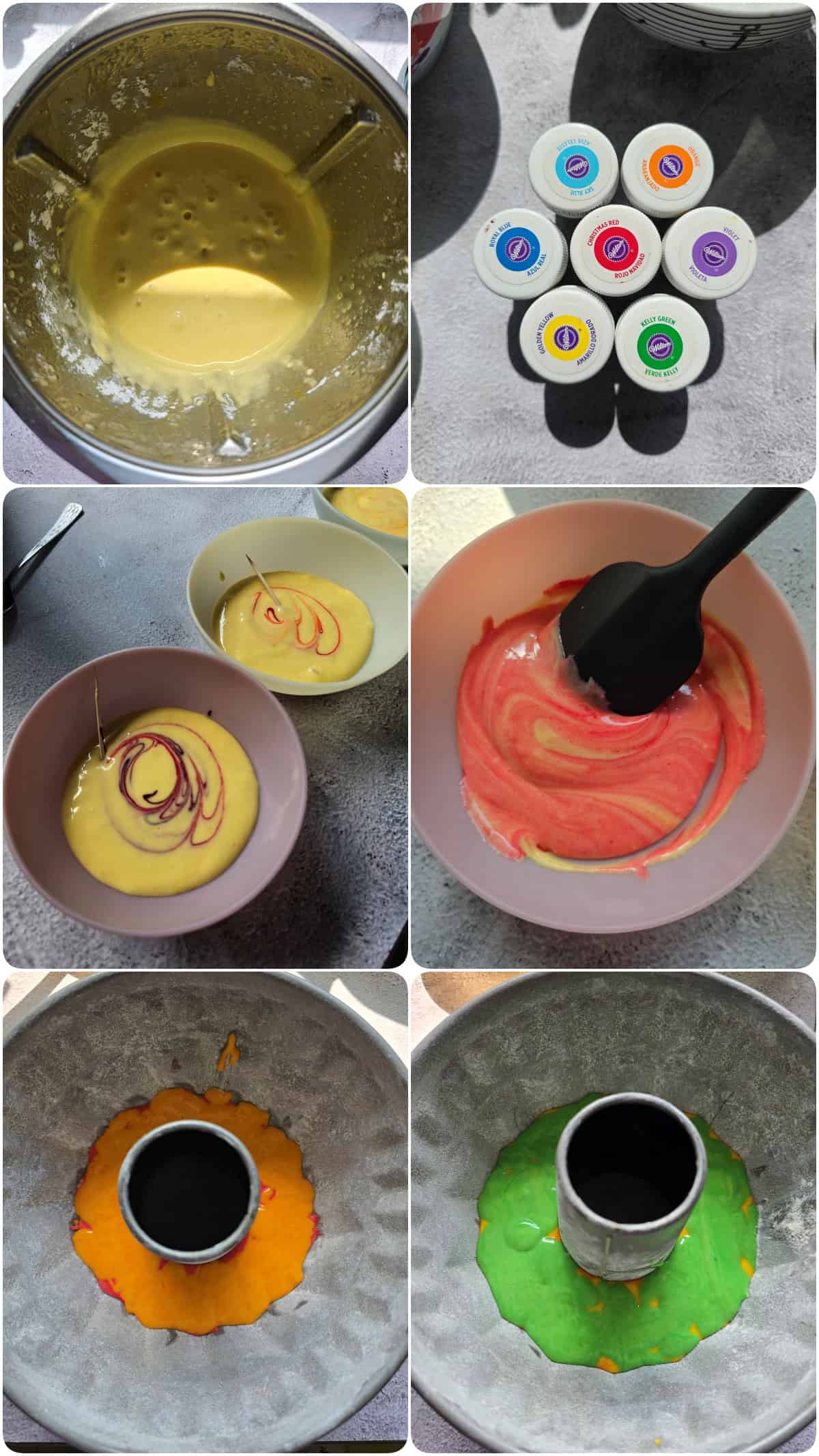 Prep steps for the rainbow bundt cake: mixing the batter in the Thermomix, coloring it, and layering it in the pan.