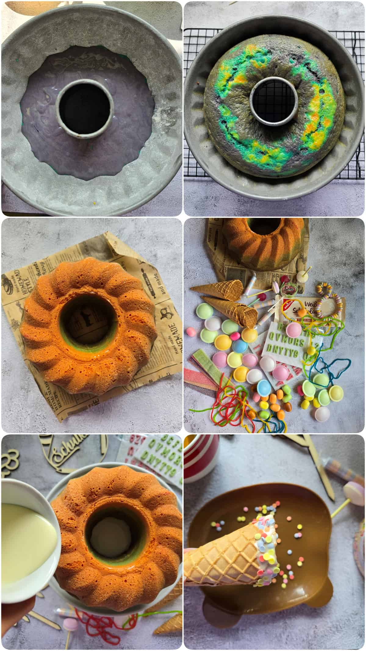 A photo collage showing the individual prep steps for the rainbow bundt cake, from baking to decorating.