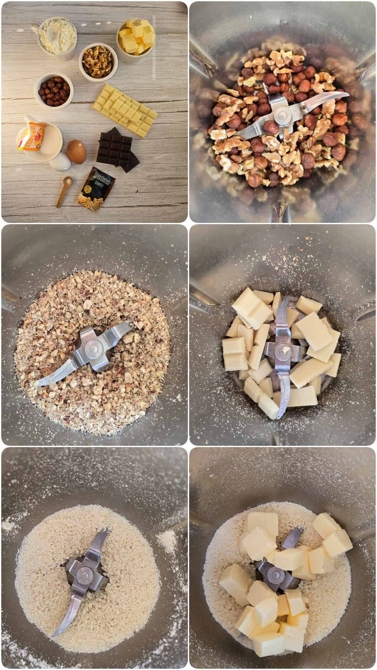 A step-by-step photo collage showing how to make white chocolate speculoos bars.