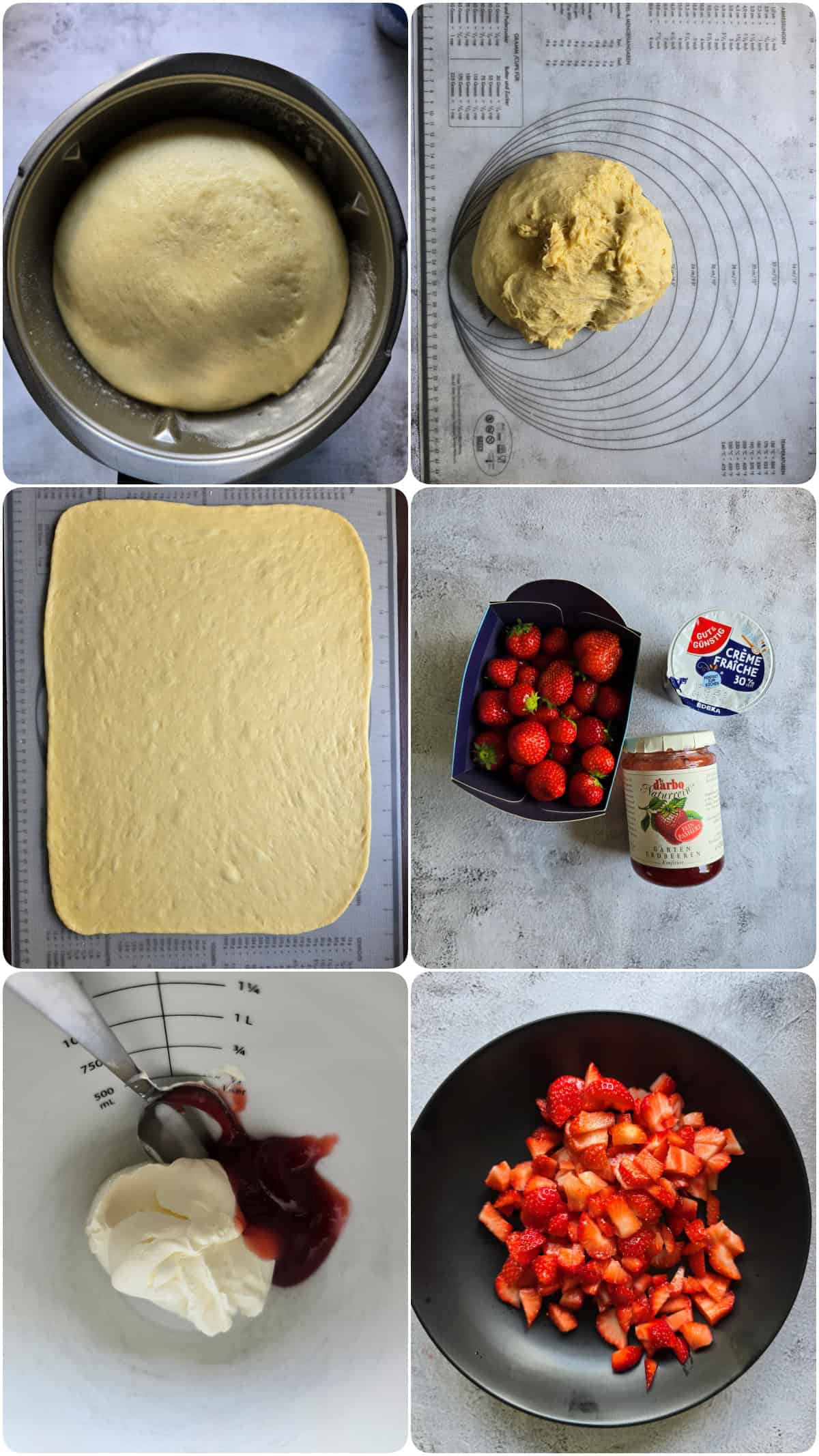 A collage showing the step-by-step process for making strawberry sweet rolls.