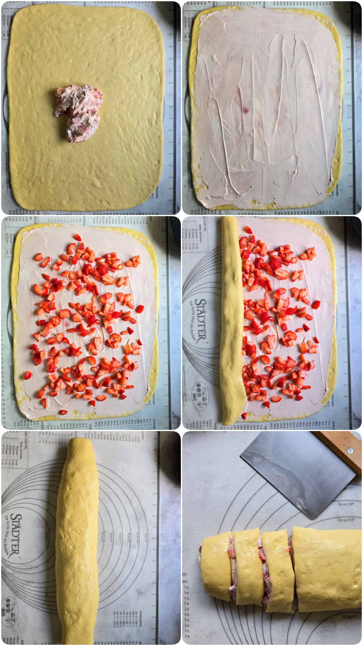 A collage showing the step-by-step process for making strawberry sweet rolls.