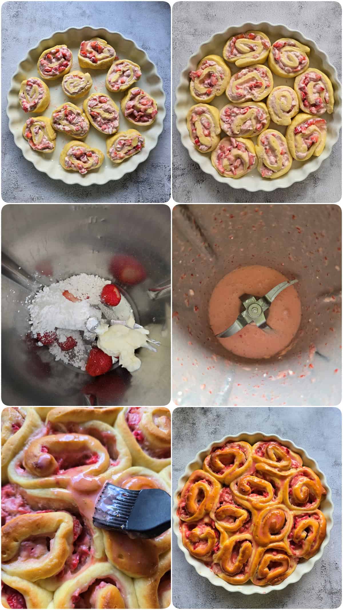 A collage showing the step-by-step process for making strawberry sweet rolls.