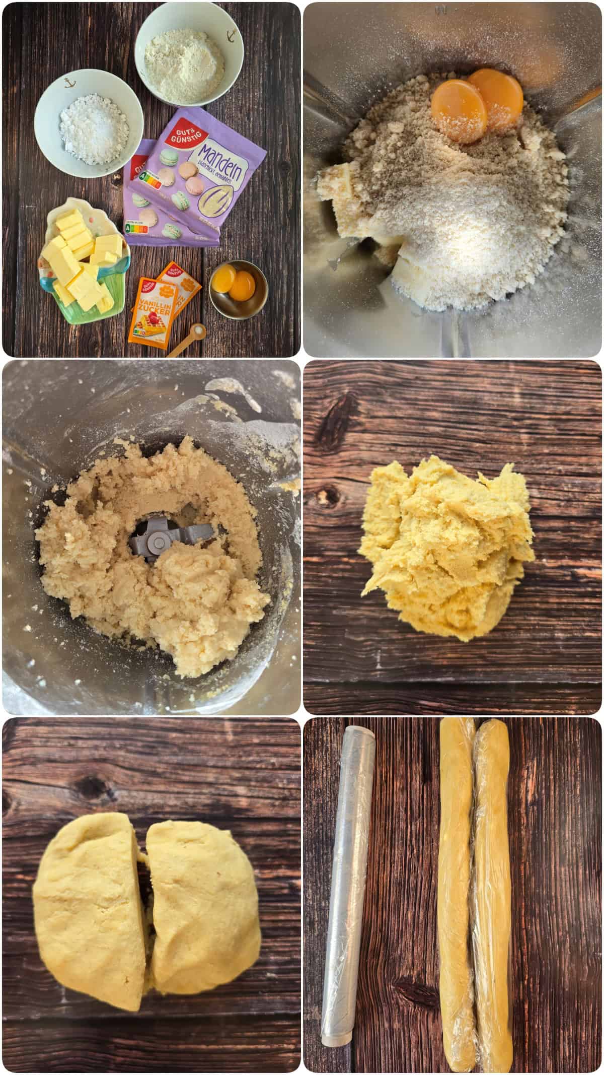 A collage of the prep steps for vanilla crescent cookies.