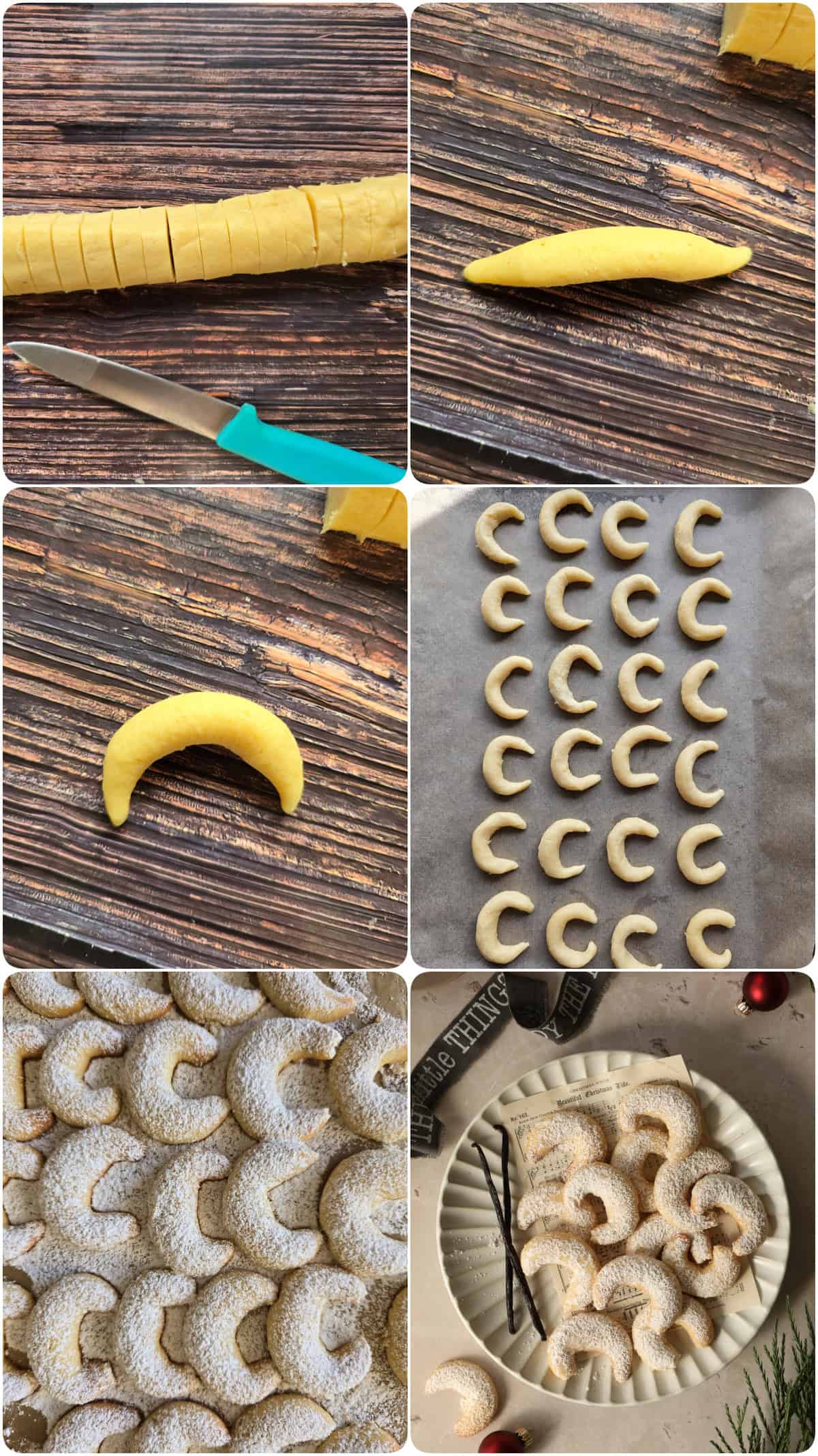 A collage of the prep steps for vanilla crescent cookies.