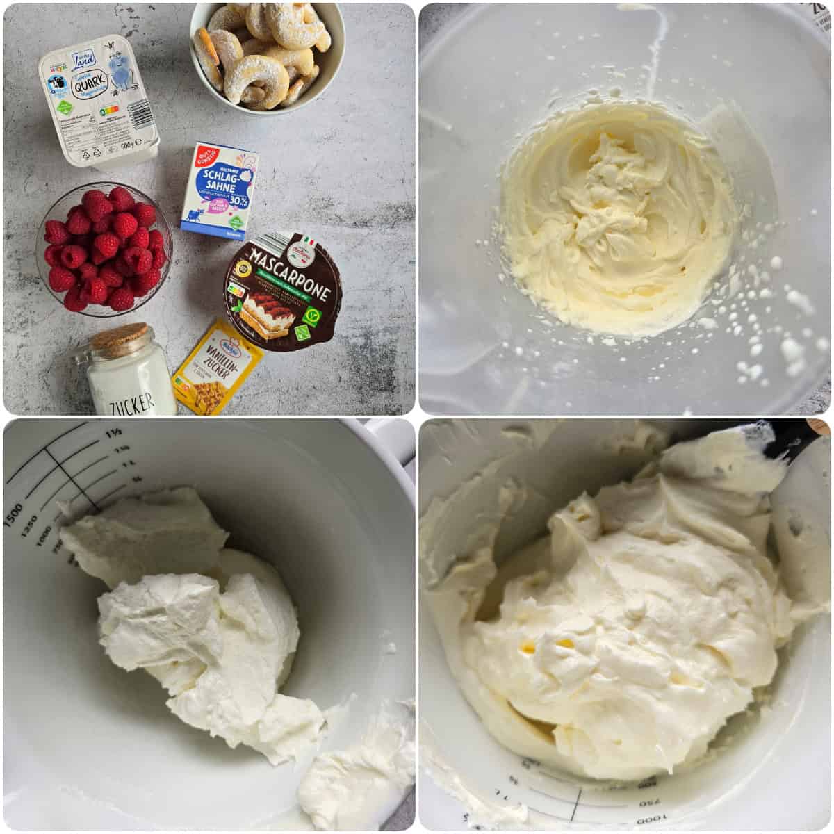 A step-by-step collage showing how to make the Vanillekipferl raspberry dessert.